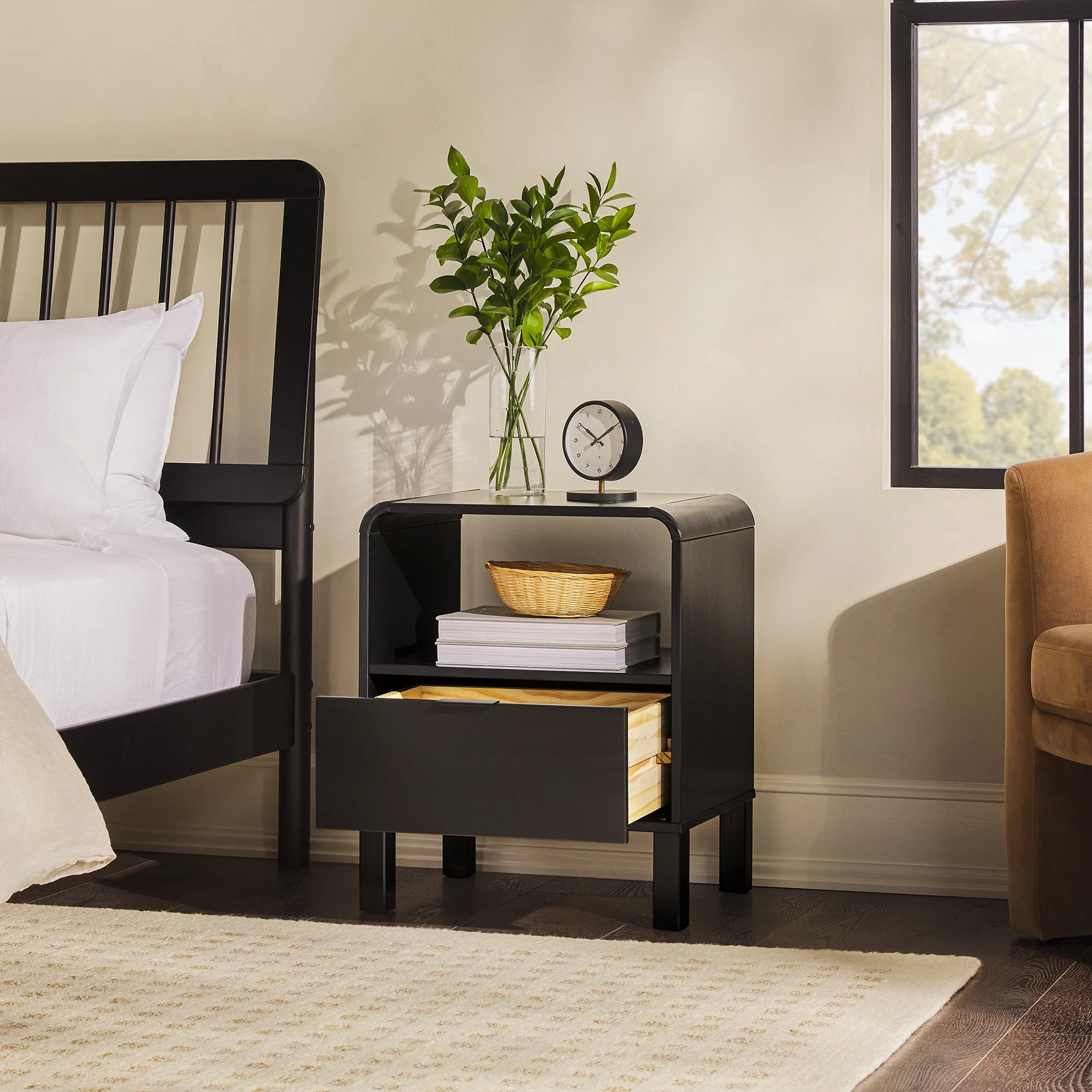 Walker Edison Modern Curved-Frame Solid Wood Nightstand, Brown - Womvr