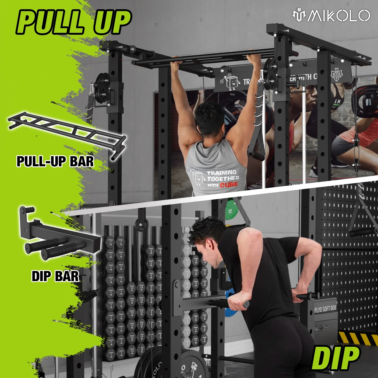 Mikolo Power Rack Cage, 1500 lbs Weight Rack with Cable Crossover Machine,Multi-Function Squat Rack with J Hooks,Dip Bars and Landmine for Home Gym (Black), Plate Loaded Machine - Womvr