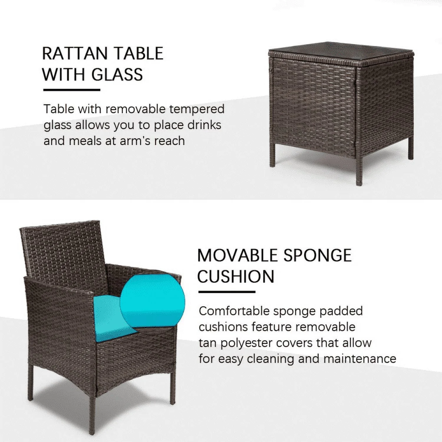 Lacoo 3 Pieces Outdoor Patio Furniture PE Rattan Wicker Table and Chairs Set Bar Set with Cushioned Tempered Glass, Brown/Beige, 2 - Womvr