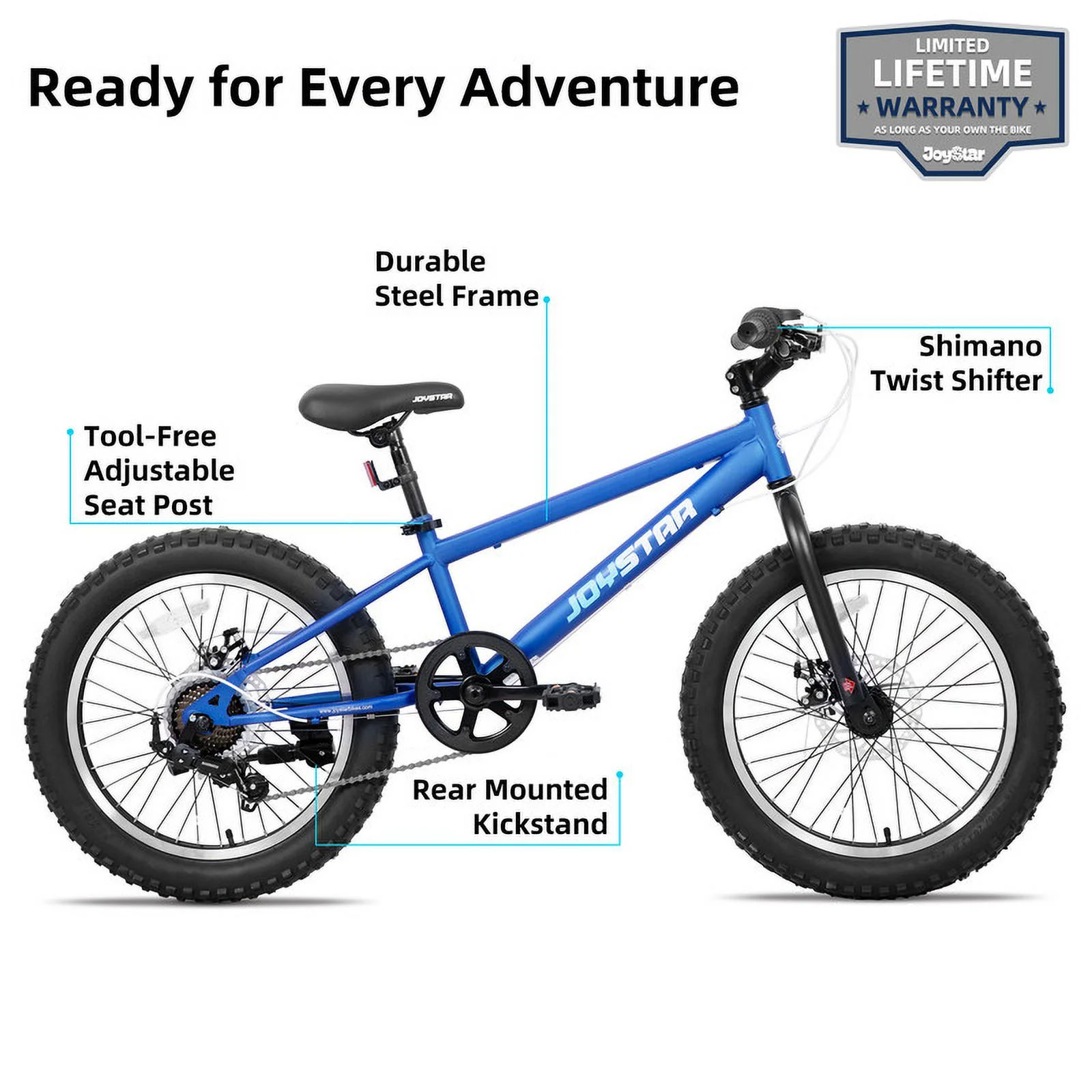 JOYSTAR 20 Inch Mountain Bike for Kids Ages 7-12 Year Old, 3-Inch Wide Knobby Tires, 7 Speed Shimano Drivetrain, Disc Brakes, Fat Tire Kids Bicycles for Boys Girls - Womvr