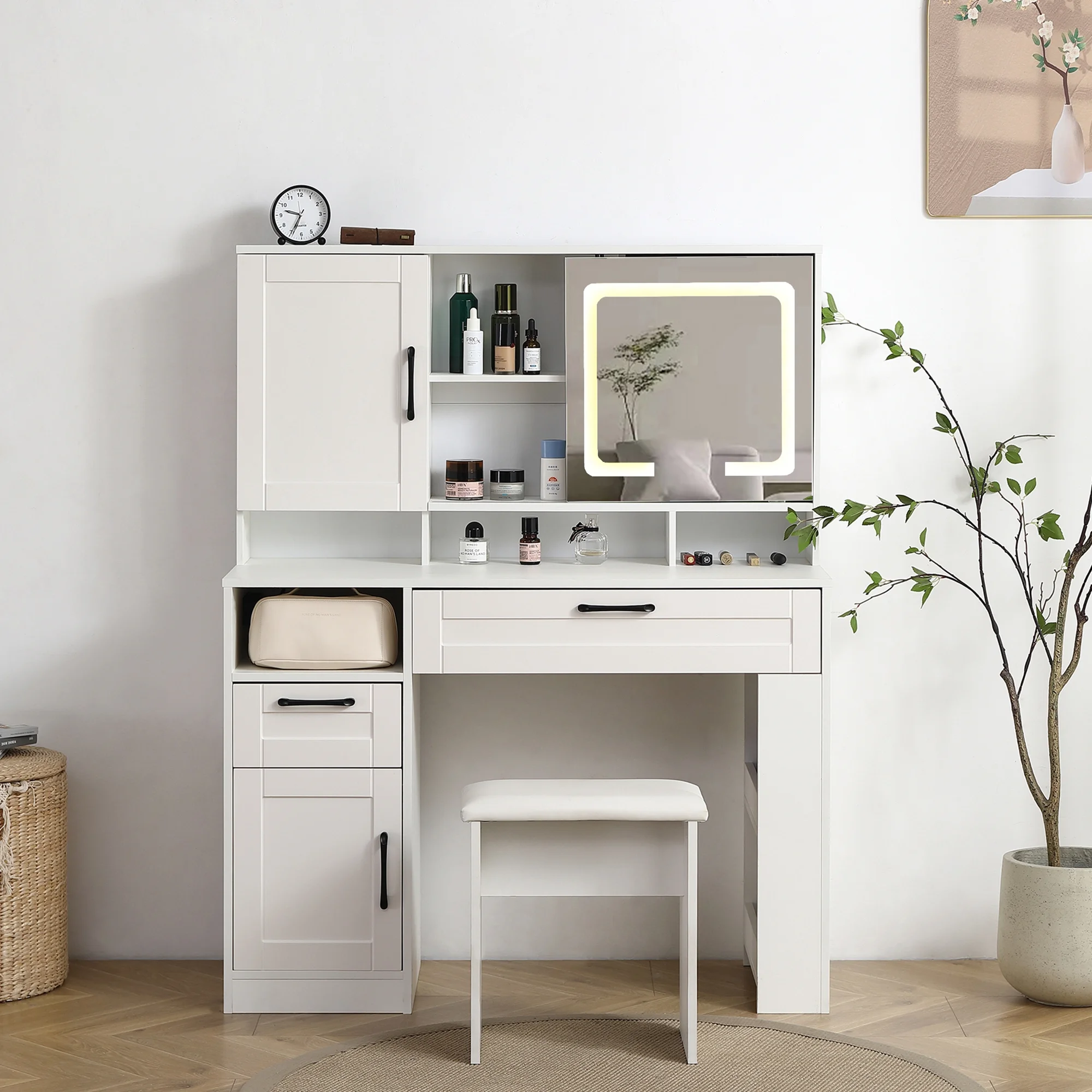 Kadyn Vanity Table with Large Sliding Lighted Mirror, Dressing Table with 2 Drawers, Storage Shelves and Upholstered Stool, White - Womvr