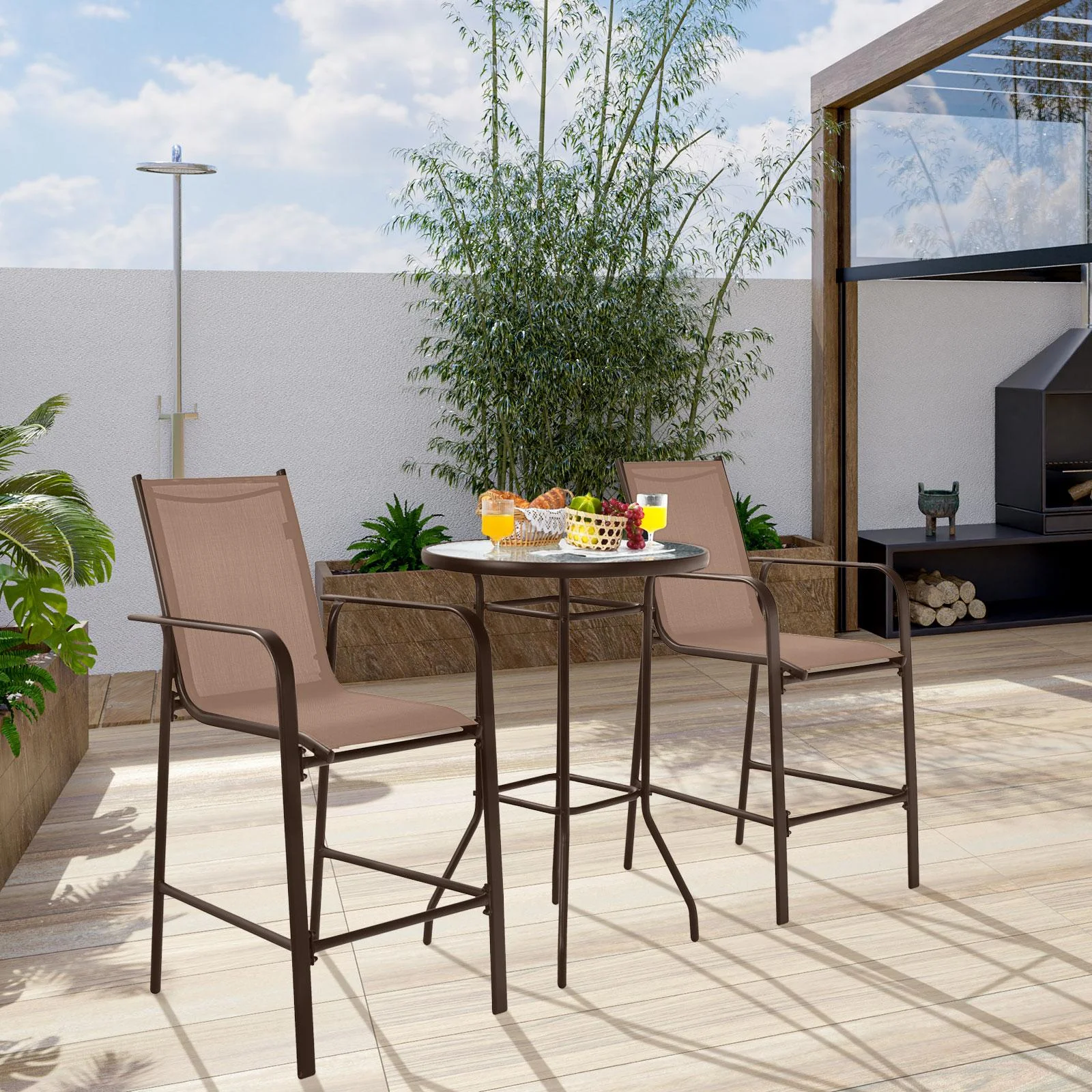 Giantex 3 Pieces Outdoor Patio Bar Set, Outdoor Bistro Set with 2 Bar Stools and 1 Tempered Glass Bar Table, Bar Height Patio Table and Stools Set for Backyard, Garden, Lawn (Black) - Womvr