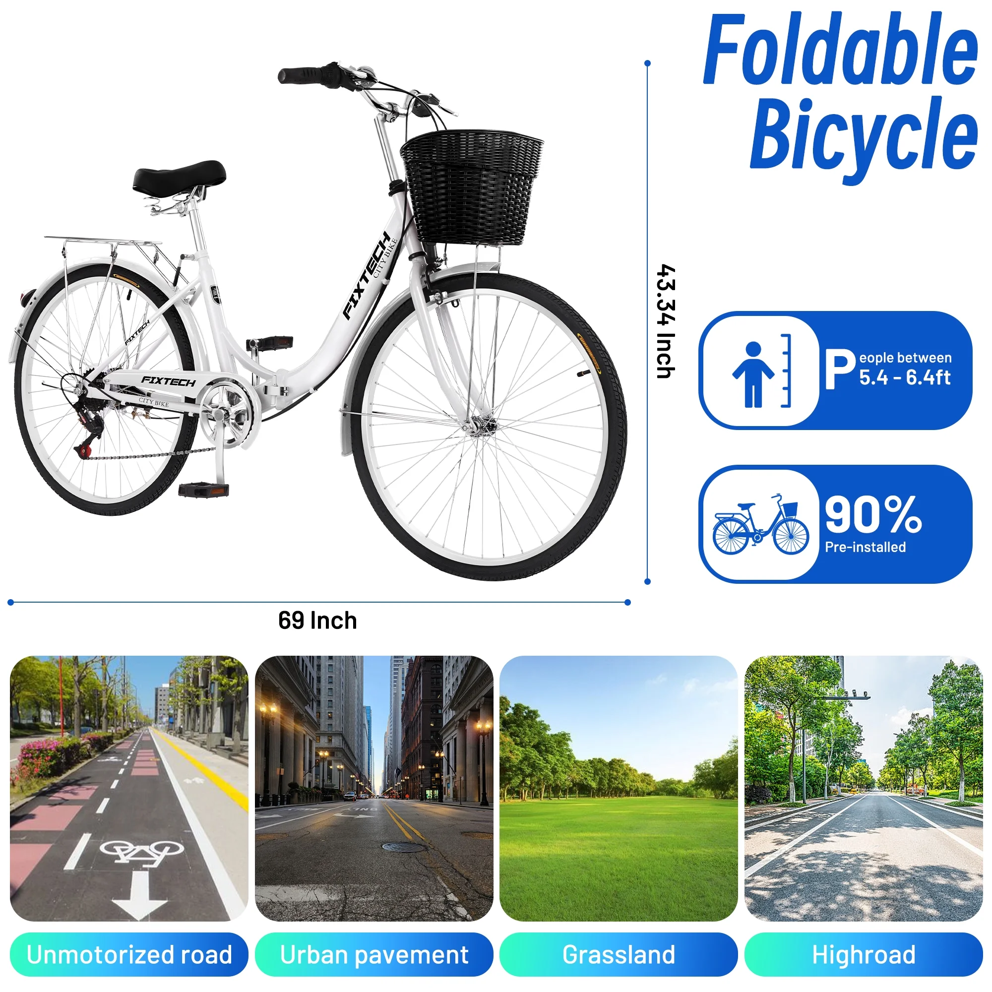 FIXTECH 26 Inch 7 Speed Foldable City Bike, Cruiser Bike, Carbon Steel Bicycle for Adults, White - Womvr