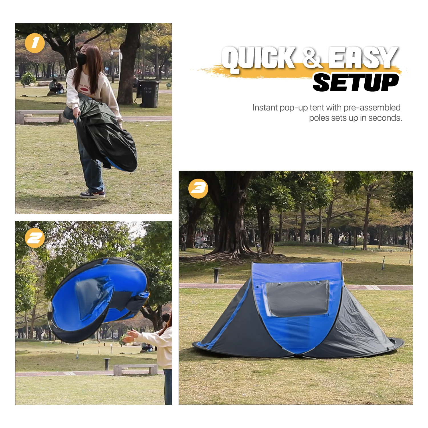 MoNiBloom Tent 3 Person Outdoor Pop Up, Family Travel Weatherproof Tent, 2 Doors and Side Windows with Carry Bag, Yellow - Womvr