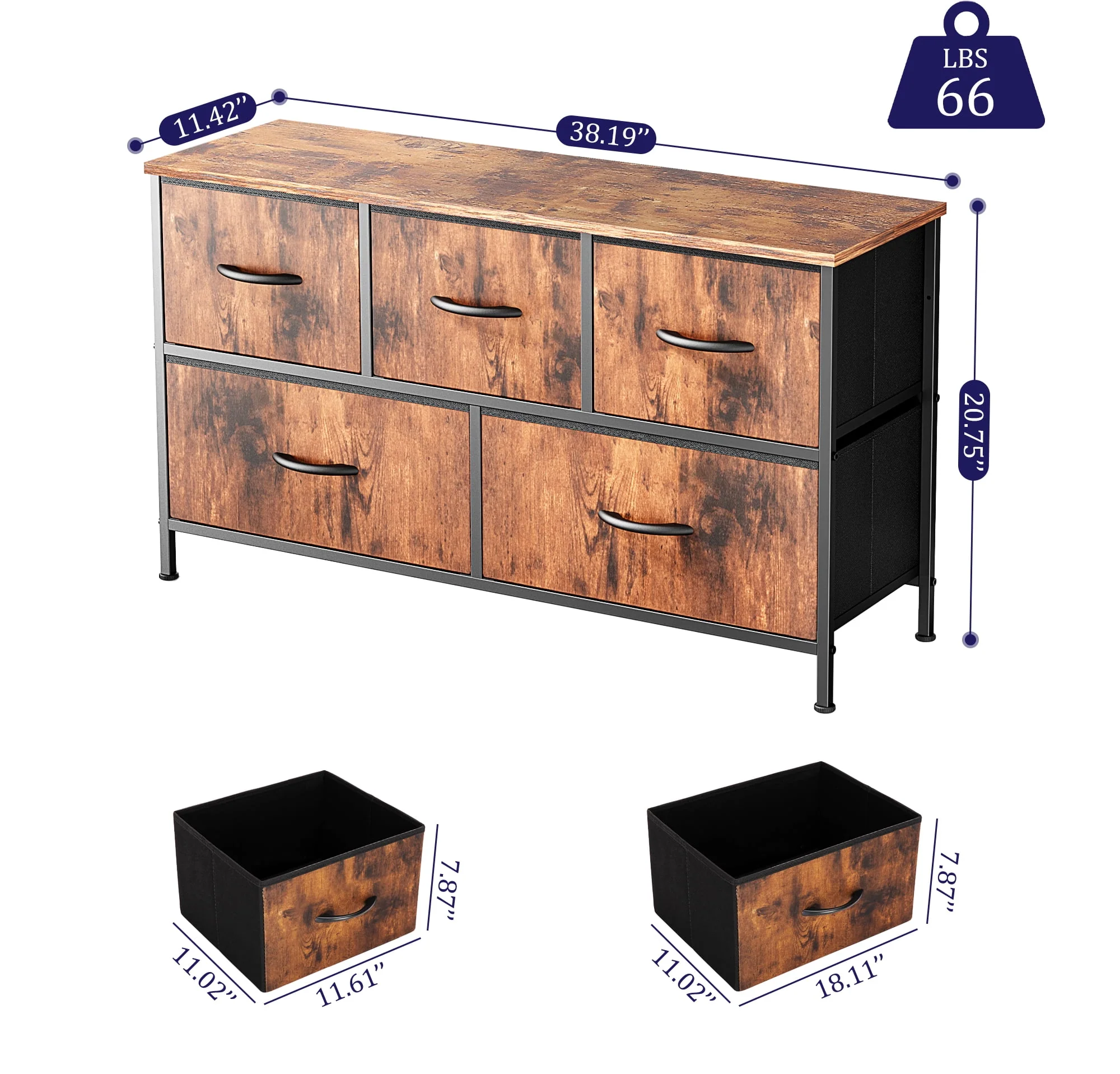 EDX 5 Drawer Dresser, Wide Chest Of Drawers Nightstand Storage Tower Storage Dresser Fabric Dresser With Wood Top for Living Room, Bedroom, Hallway, Nursery, Rustic Brown - Womvr