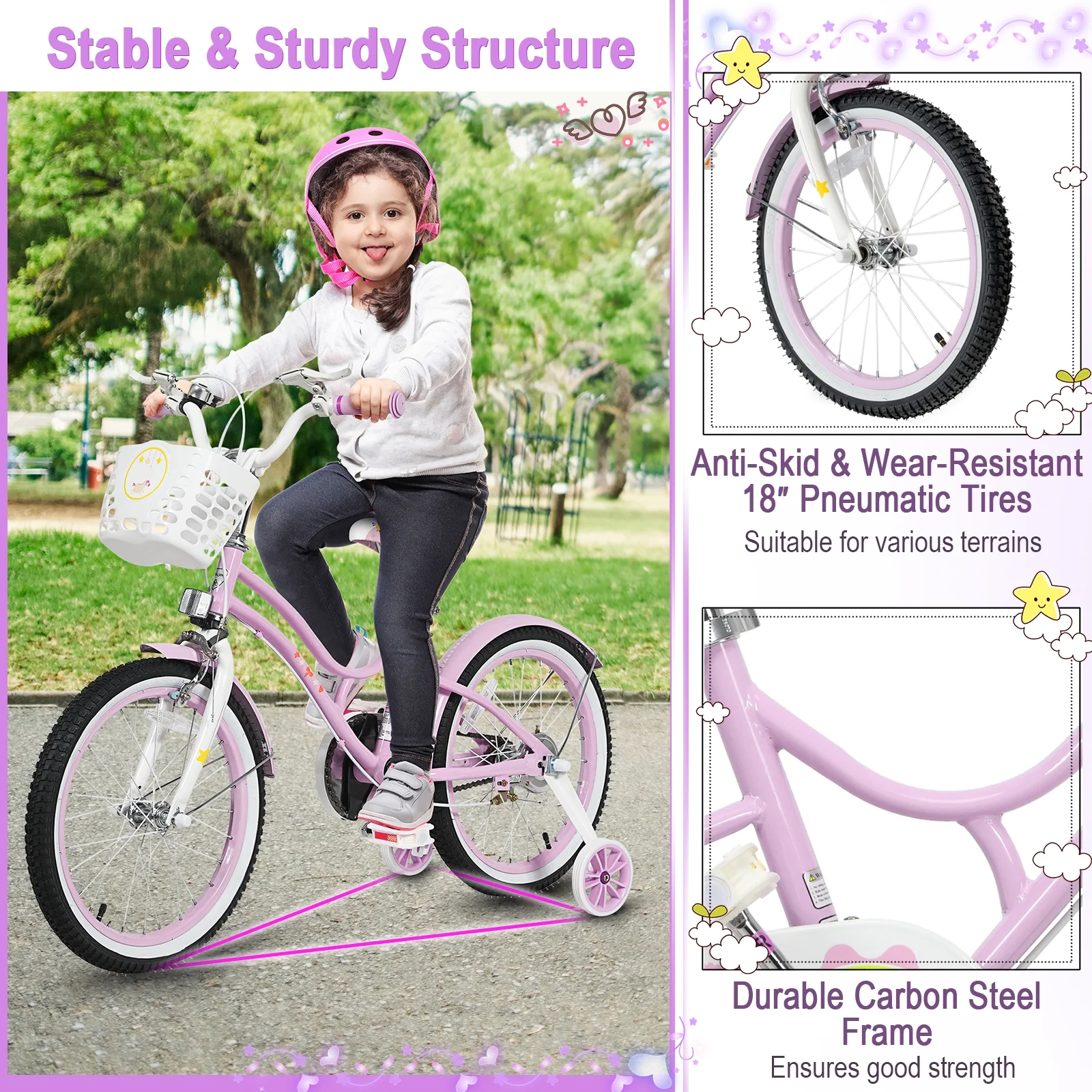 Babyjoy 18 Inch Kid Bike 95% Pre-Assembled Girls Bicycle with Training Wheels & Basket Age 6-9 Years Old Purple - Womvr