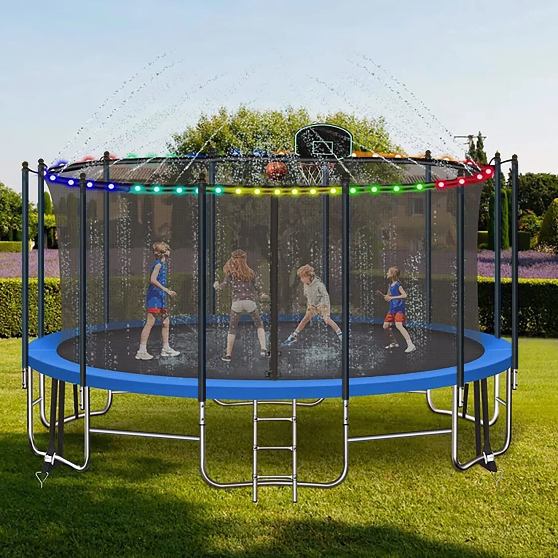16FT Trampoline for 8-9 Kids Adults with Basketball Hoop, Ladder, Light, Sprinkler, Socks, Outdoor Heavy Duty Recreational Trampoline - Womvr