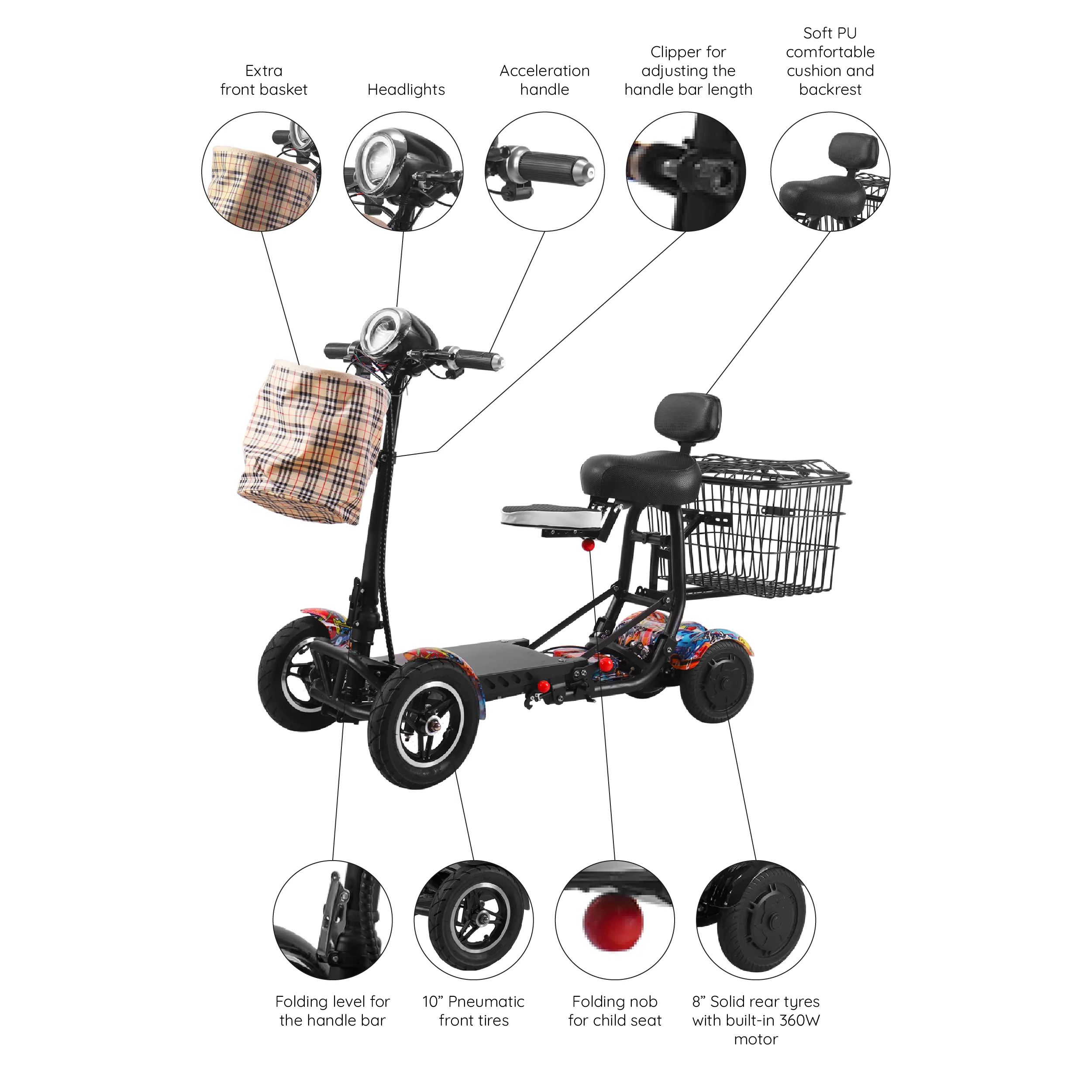 Smart Lightweight Electric Power Scooter, 4 Wheels Foldable Double Seats - Womvr