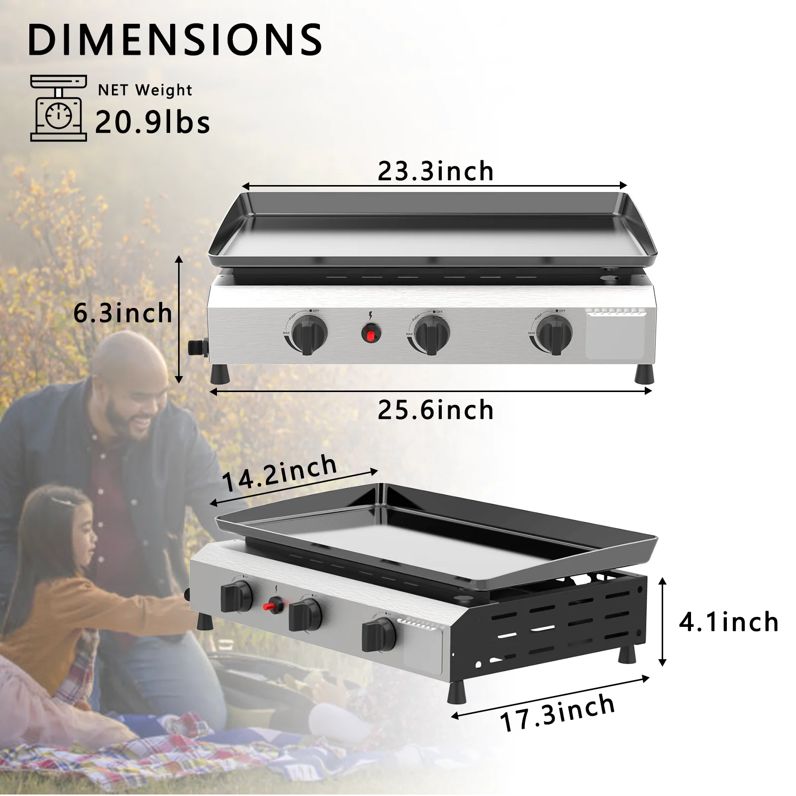 SKOK 3 Burner Gas Griddle-Outdoor Propane Griddle-BTU Propane Fuelled, Portable Flat Top Gas Grill Camping Griddle Station with Side Shelves for Kitchen - Womvr