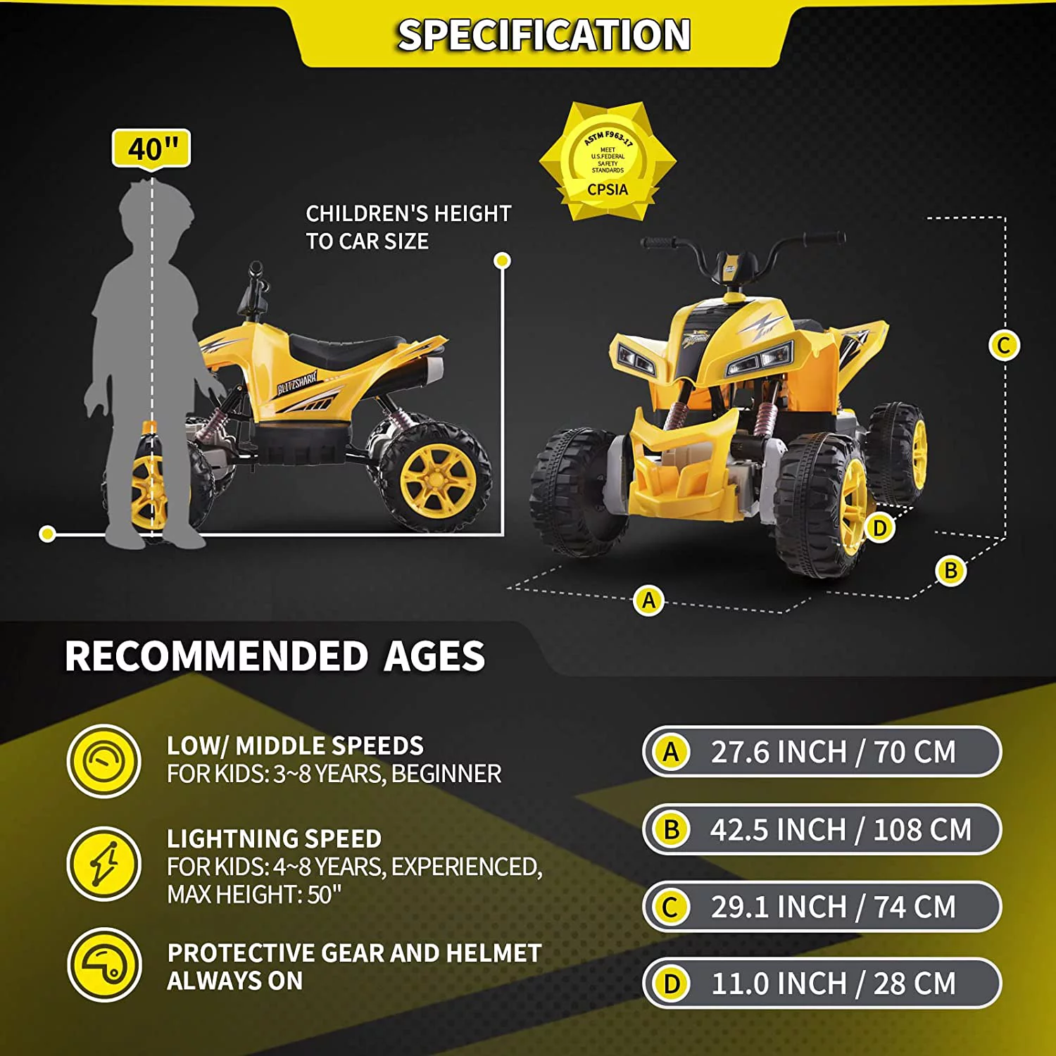 Blitzshark 24V Kids Ride on ATV 4WD Quad Powerful 4-Wheeler, with Big Battery, 6 MPH Speed, Metal Suspension, Police Rider - Womvr