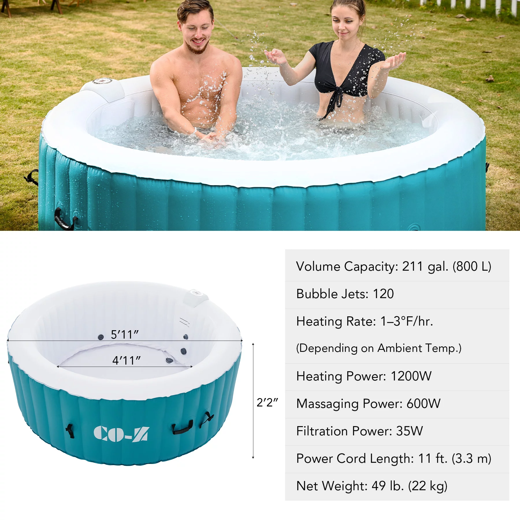 CO-Z 4 Person 6ft Inflatable Hot Tub Pool with Massage Jets and All Accessories Teal - Womvr