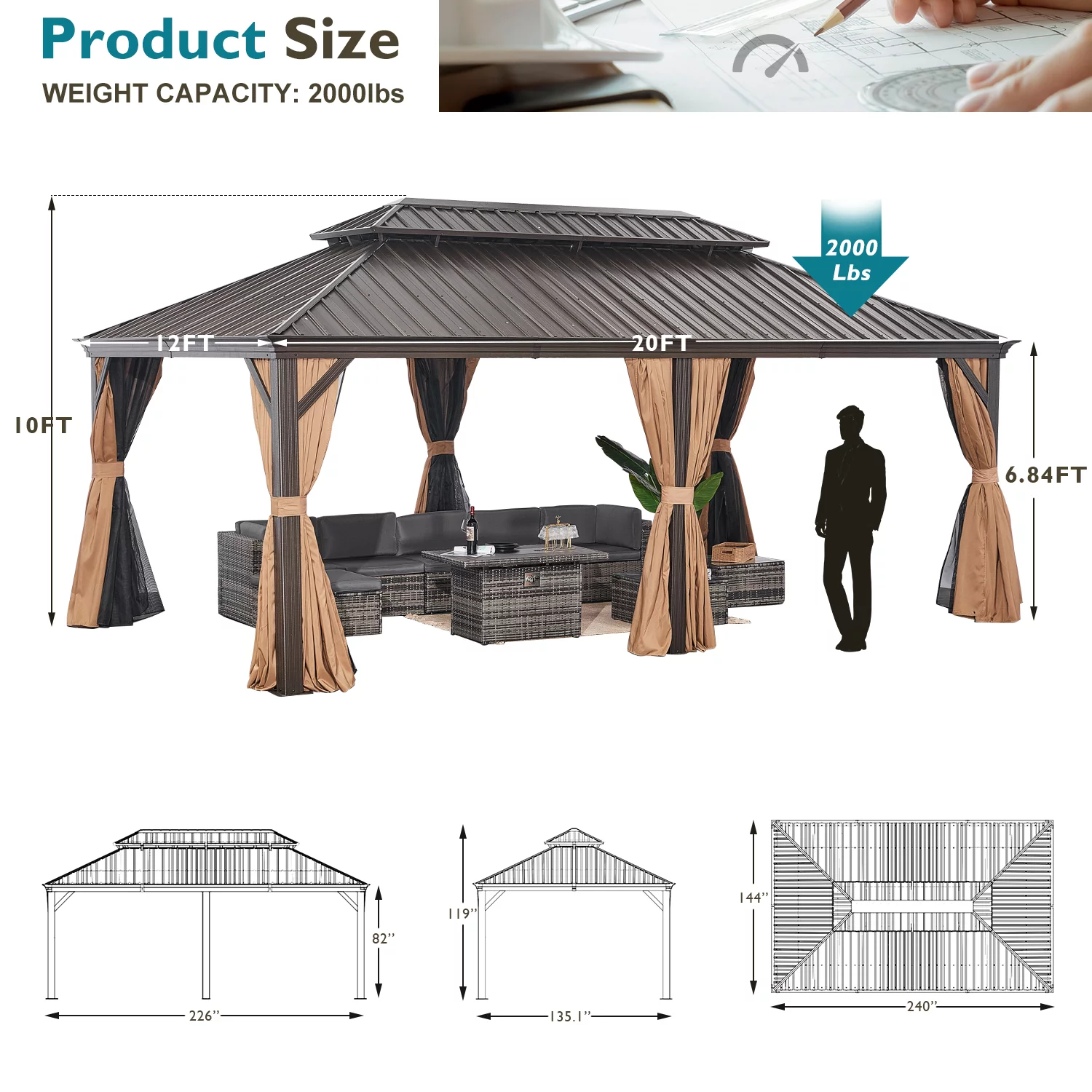 Aoxun 10'x12' Hardtop Gazebo, Outdoor Steel Double Roof Canopy, Aluminum Frame Permanent Pavilion with Curtains and Netting, Sunshade for Garden, Patio, Lawns, Black - Womvr