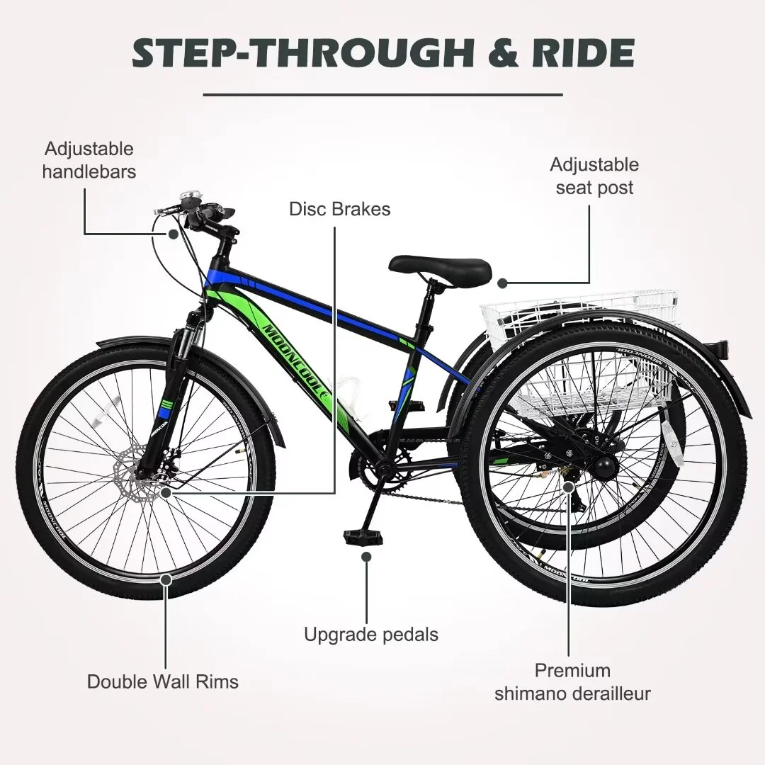 Docred Adult Tricycle, 7 Speed Three Wheel Mountain Bike, 24/26/27.5 inch Adults Trikes ,Load capacity 420 lbs - Womvr