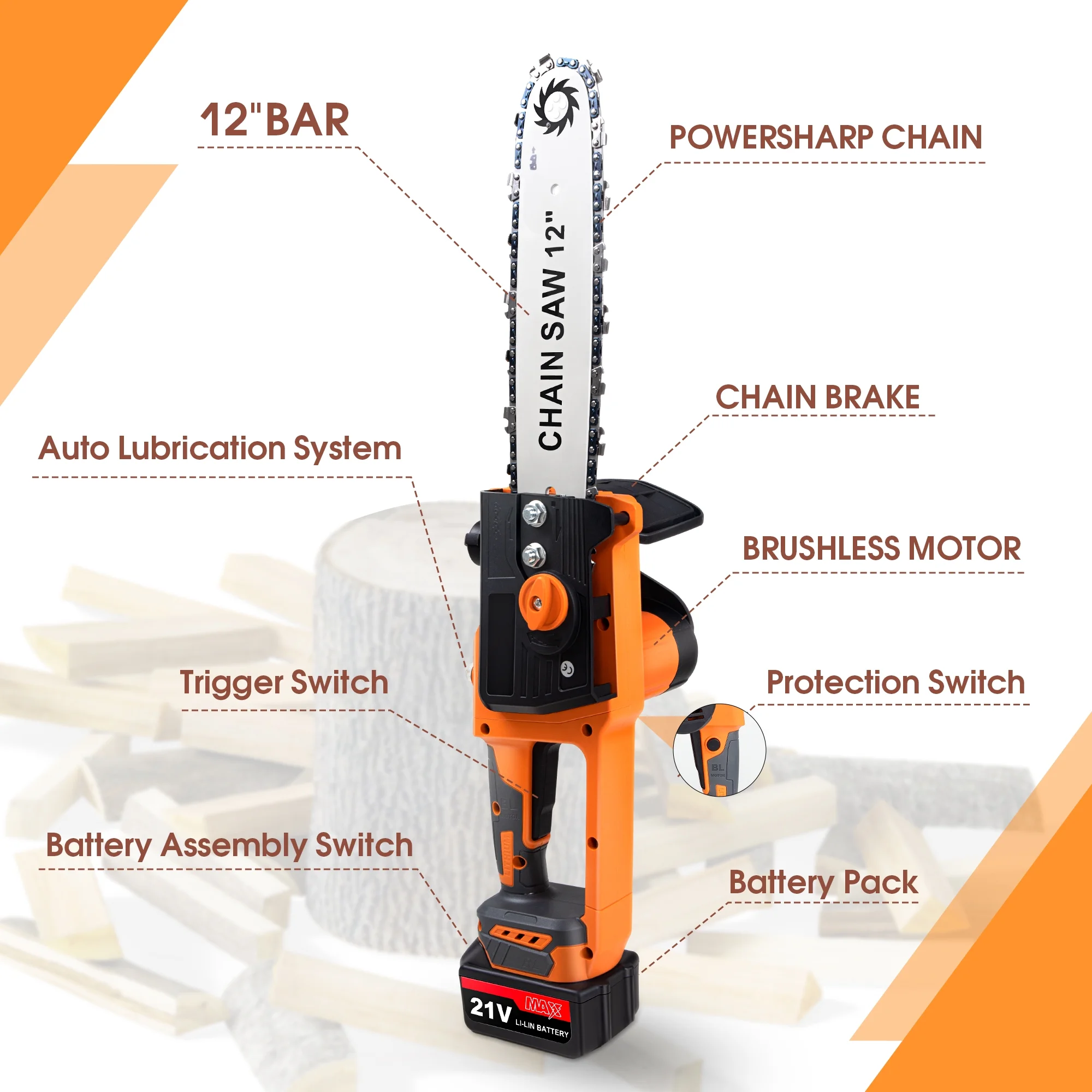 iFanze 12 inch Chainsaw Cordless, Handheld Electric Chain Saw Power Chainsaws with 2 Battery for Wood Cutting Tree Trimming, Orange - Womvr