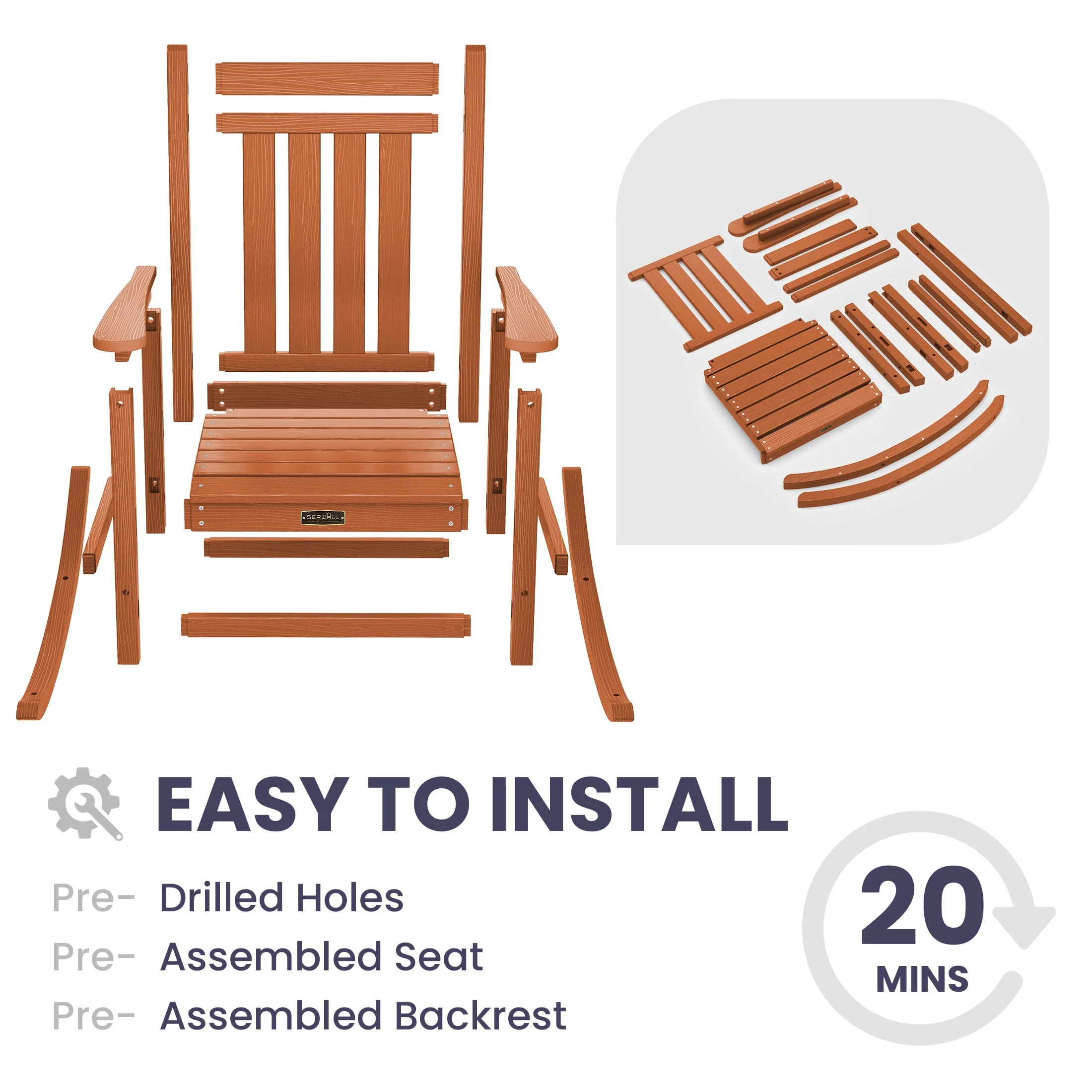 SERWALL Outdoor Oversized Slat Rocking Chair, HDPE Plastic Porch Rocker, Gray - Womvr