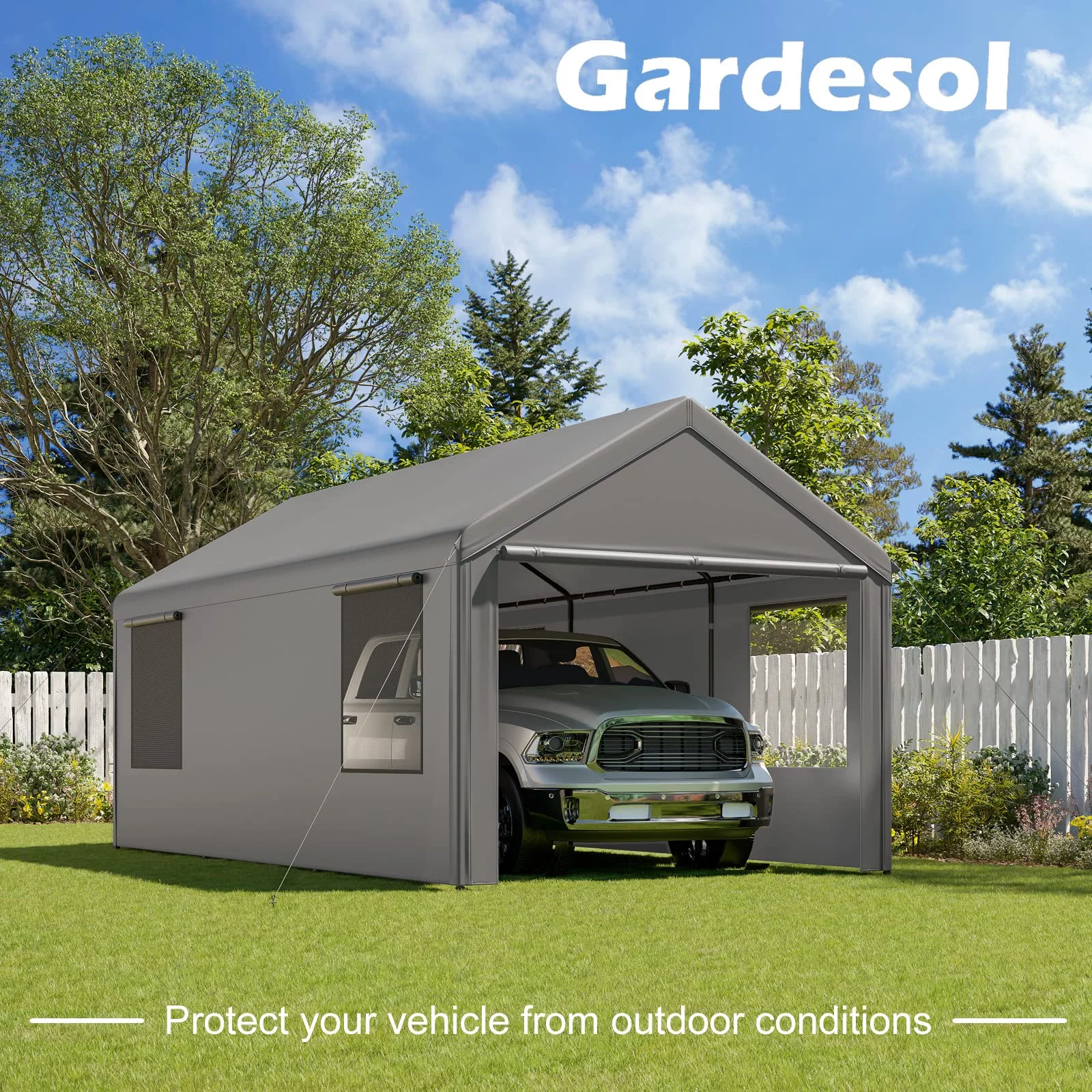 Gardesol Carport, 12'x20' Extra Large Heavy Duty Carport with Removable Sidewalls & Doors, Portable Garage Car Canopy for Car, Truck, SUV, Beige - Womvr