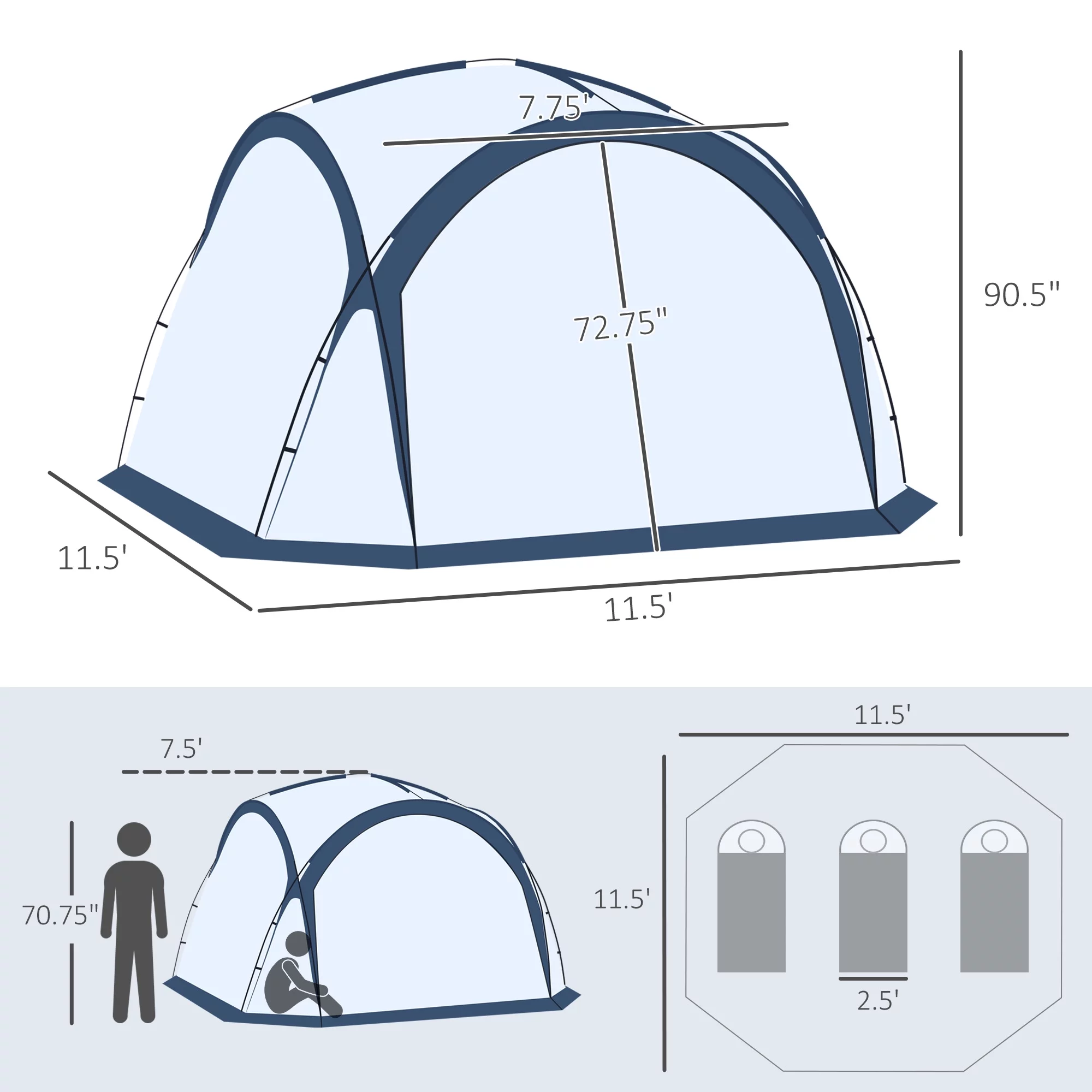 Outsunny Dome Tent for 6a??8 Persons, Camping Tent with 4 Zipped Mesh Doors, Lamp Hook, Portable Carry Bag, Screen Shelter Gazebos with 2 Pc Removal Wind/Sun Panel, White - Womvr
