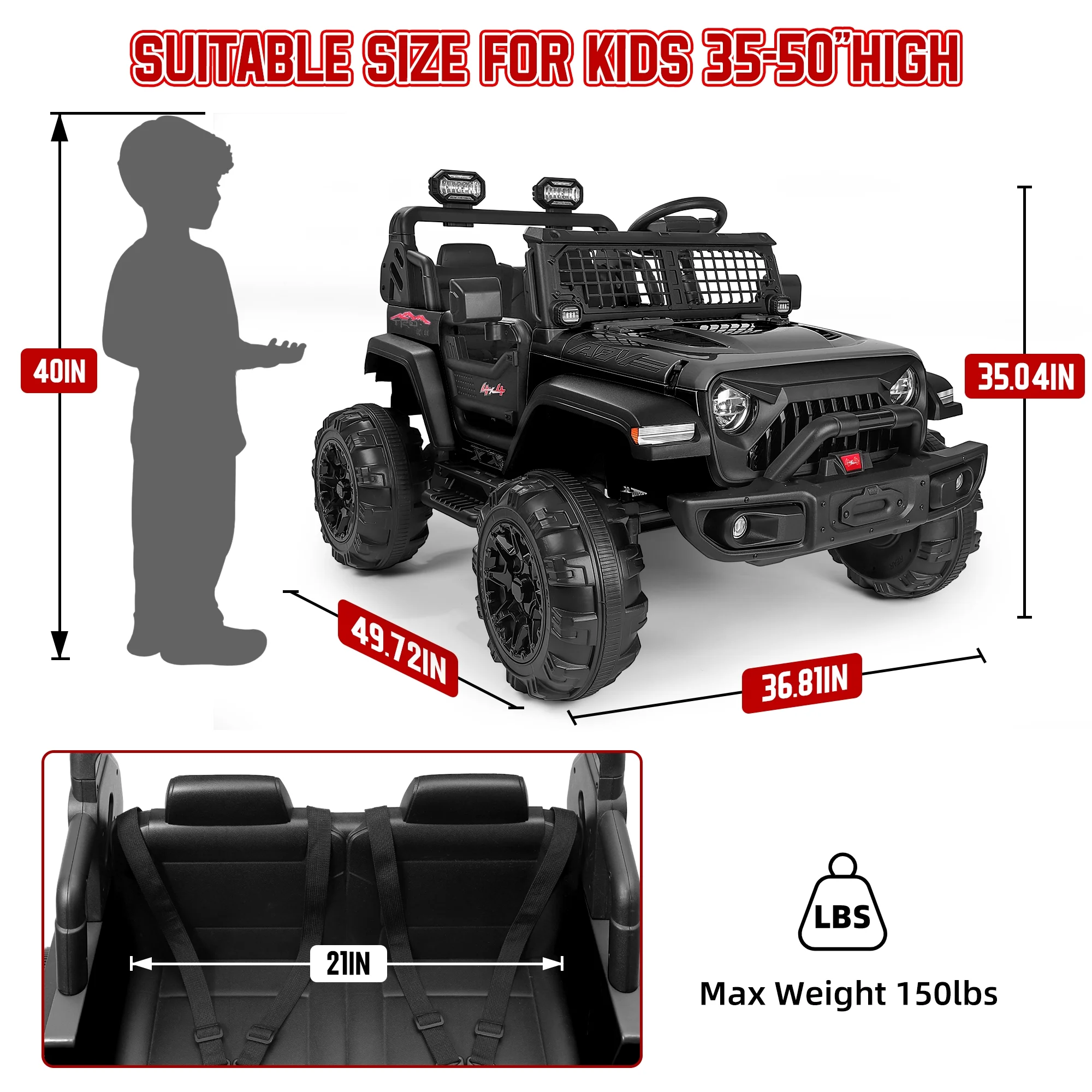 Wisairt 24V Kids Ride on Truck, 2 Seater Powered Ride on Car w/ Remote Control and Storage Space, 3 Speeds, Bluetooth, LED Lights (Black) - Womvr