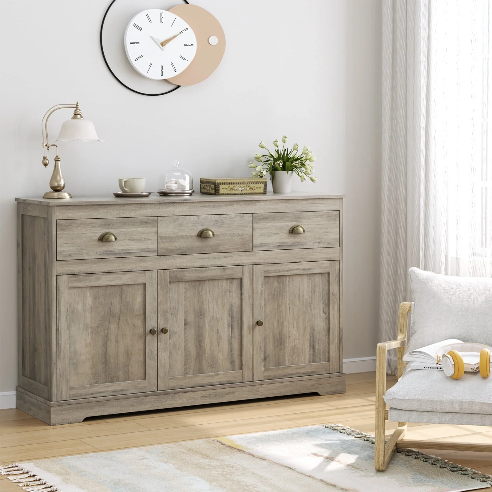 Homfa Sideboard Storage Cabinet with 3 Drawers & 3 Doors, 53.54'' Wide Buffet Cabinet for Dining Room, White - Womvr