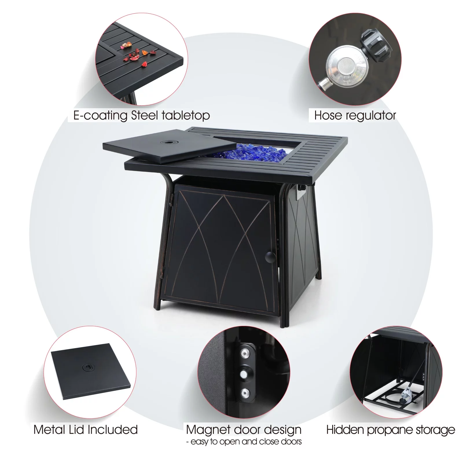 MF Studio 28'' Gas Fire Pit Table with 50,000 BTU Heat Output & Blue Fire Glass, Black - Womvr