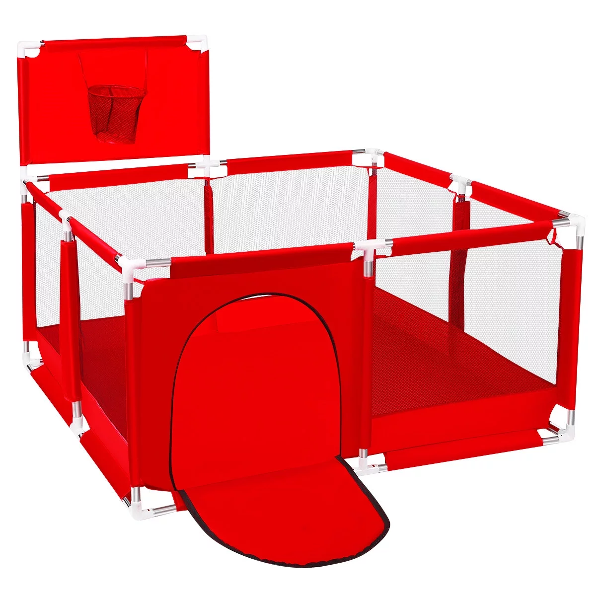 Baby Playpen, Outdoor Play Yard, Portable Play Yard 4-Panel- Baby Safety Playpen for Infant Toddler with Basketball Hoop,Grey - Womvr