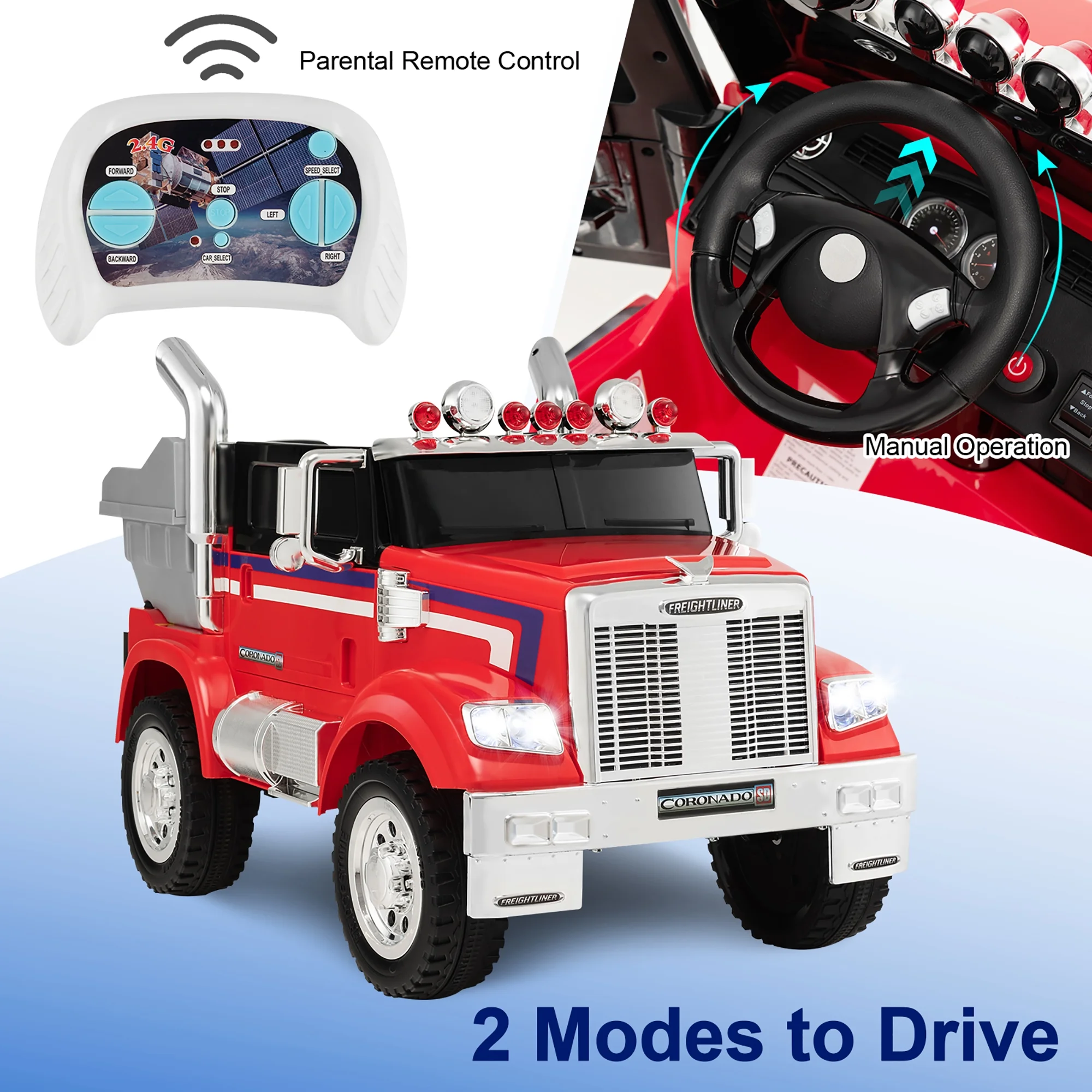 Costway 12V Licensed Freightliner Kids Ride On Truck Car RC w/ Dump Box & Lights Red - Womvr