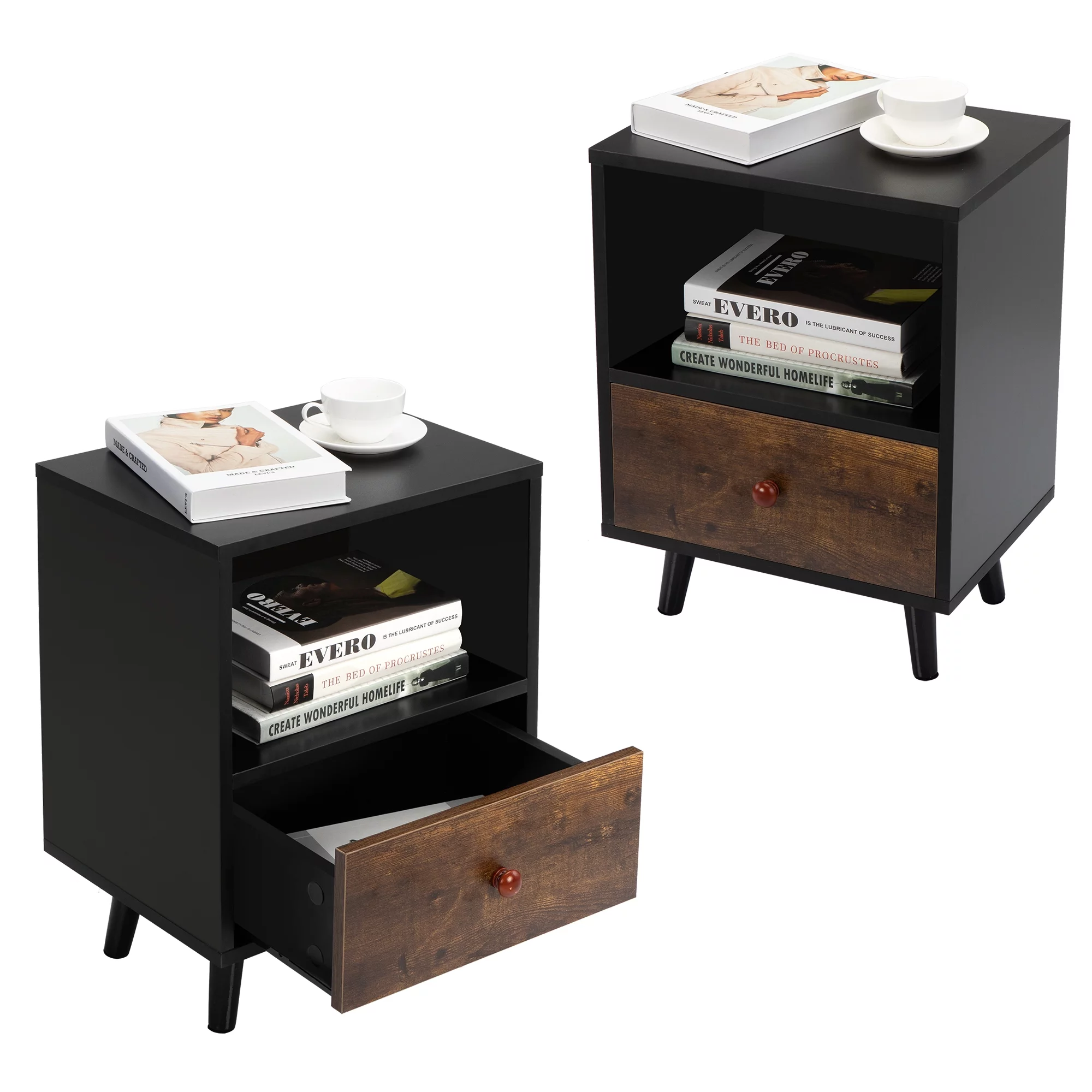 JAXPETY Nightstands Set of 2, Night Stand with 1 Drawer and Open Shelf Storage, End Table, Side Table, for Bedroom, Living Room, Natural Wood & White - Womvr