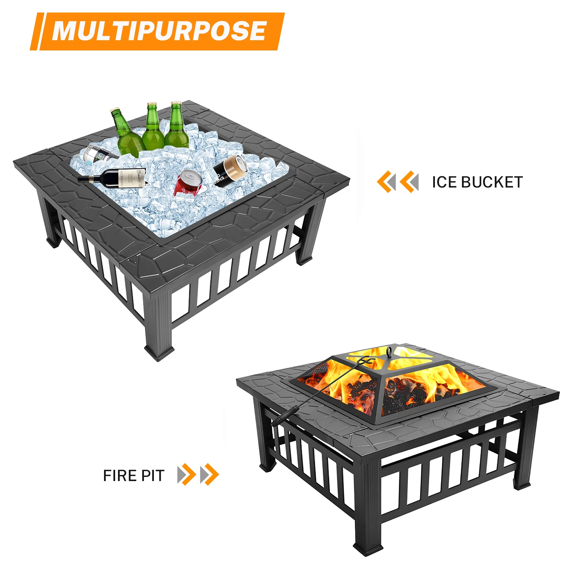 Multifunctional Fire Pit Table, Metal Fire Pit for Outside Stone Pattern, Wood Burning Outdoor Fireplace with Screen Lid/Poker for Backyard Patio Garden, 32