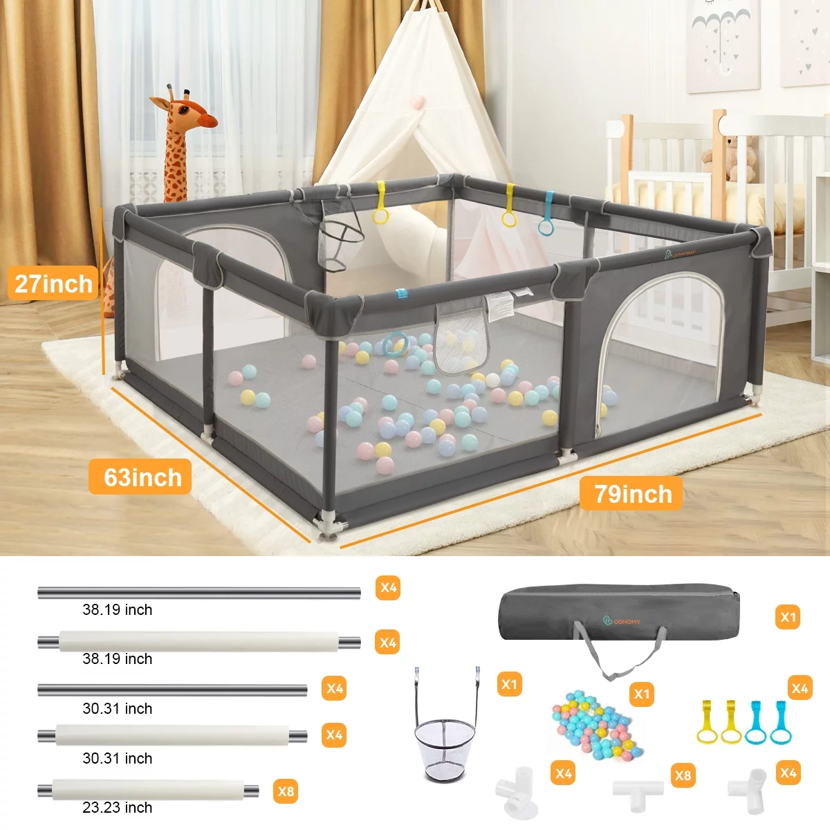Large Baby Playpen, 79x63x27inch Activity Center Playard for Babies and Toddlers, Gray - Womvr
