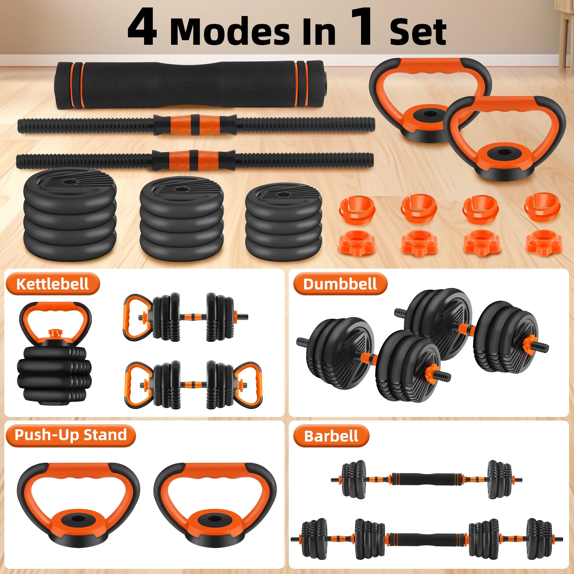 FIXTECH 55 Lbs Adjustable Weight Dumbbell Set - Premium Home Gym Equipment with Dumbbell, Barbell, Kettlebell, Push-Up Modes, Orange - Womvr