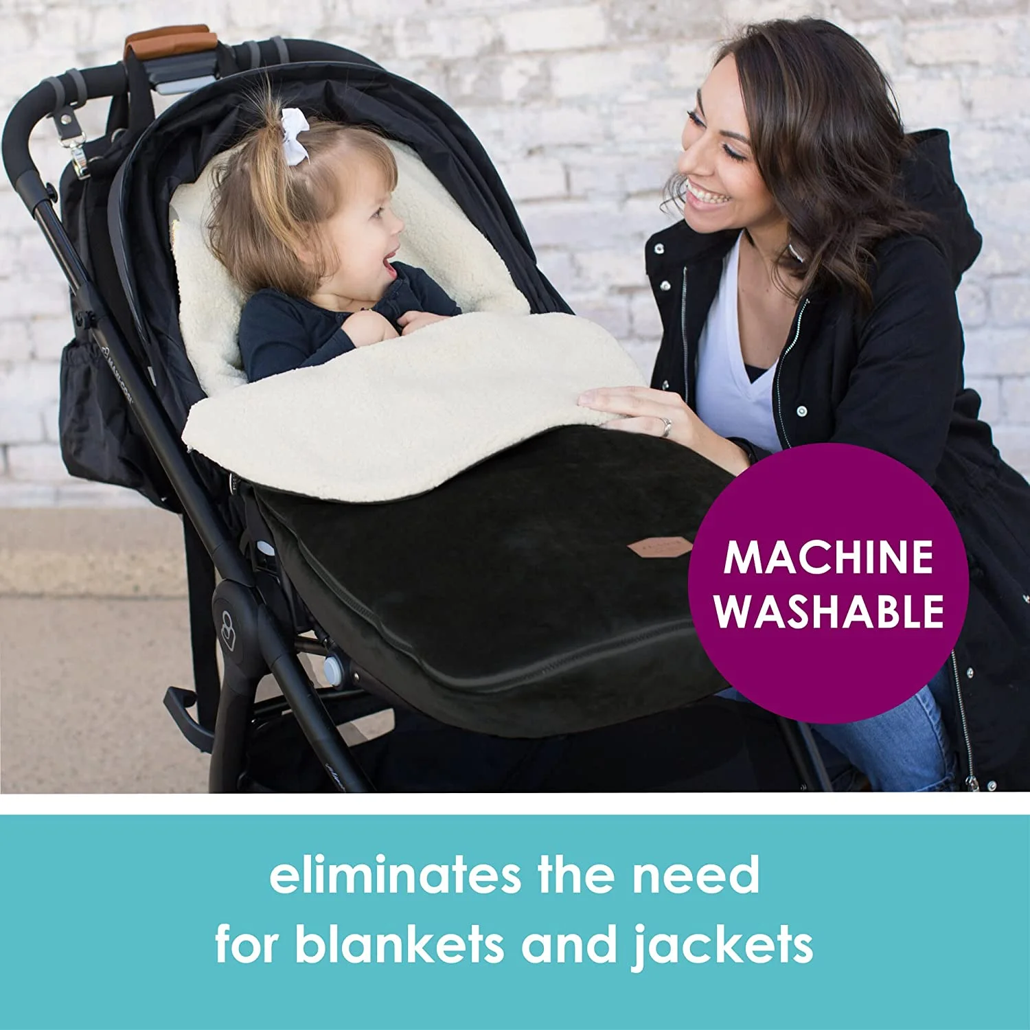 JJ Cole Bundle Me Sherpa-Lined Toddler Car Seat Cover and Bunting Bag - Weather Resistant Stroller Accessory and Winter Baby Essential in Black Toddler Black - Womvr