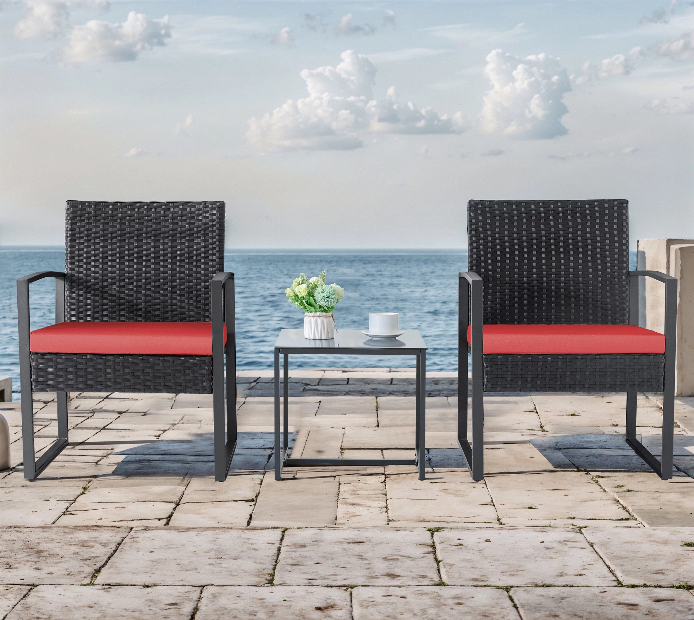 Homall Patio Furniture 3-Piece Set Casual Wicker Chair Bistro Chair with Coffee Table, Black - Womvr