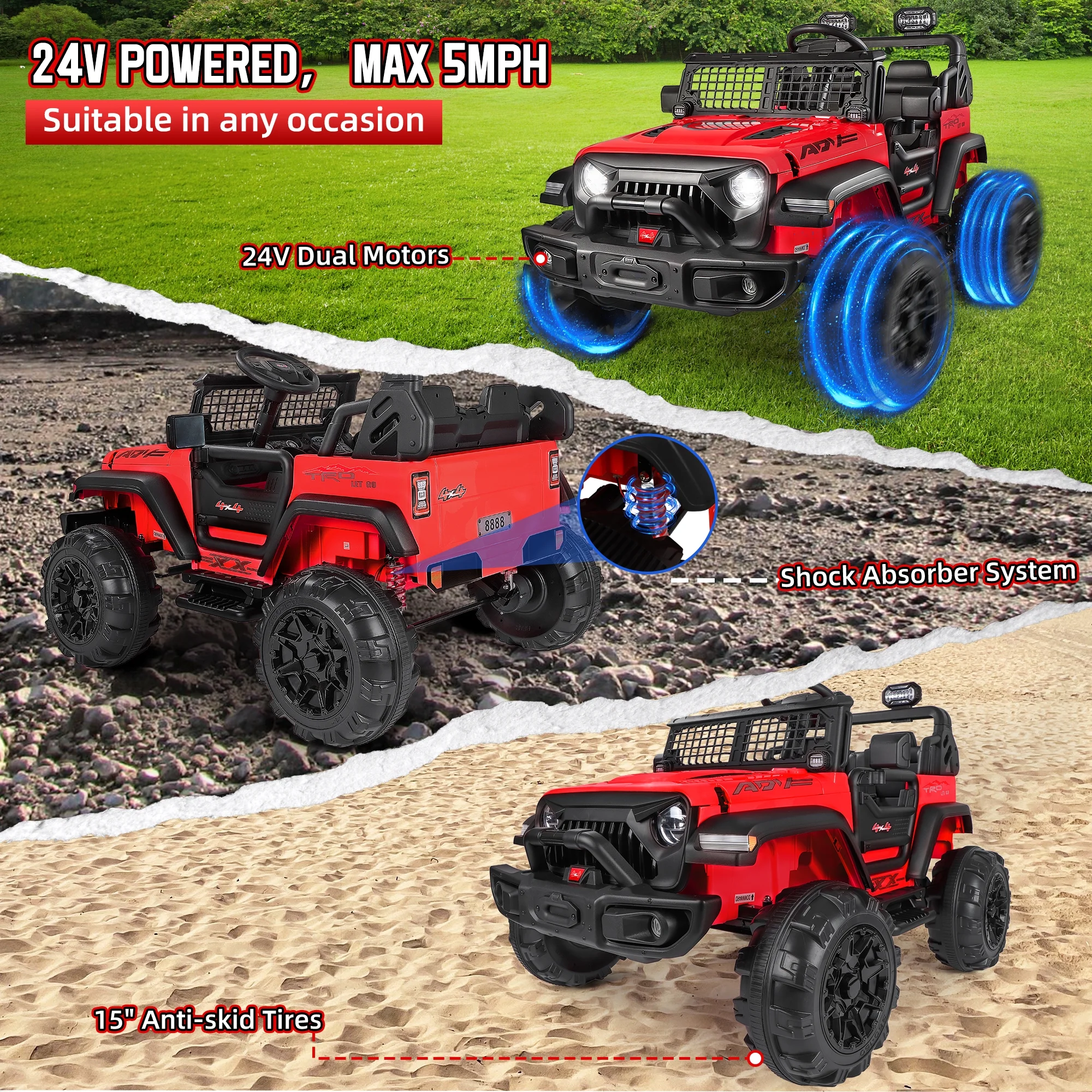 Wisairt 24V Kids Ride on Truck, 2 Seater Powered Ride on Car w/ Remote Control and Storage Space, 3 Speeds, Bluetooth, LED Lights (Black) - Womvr