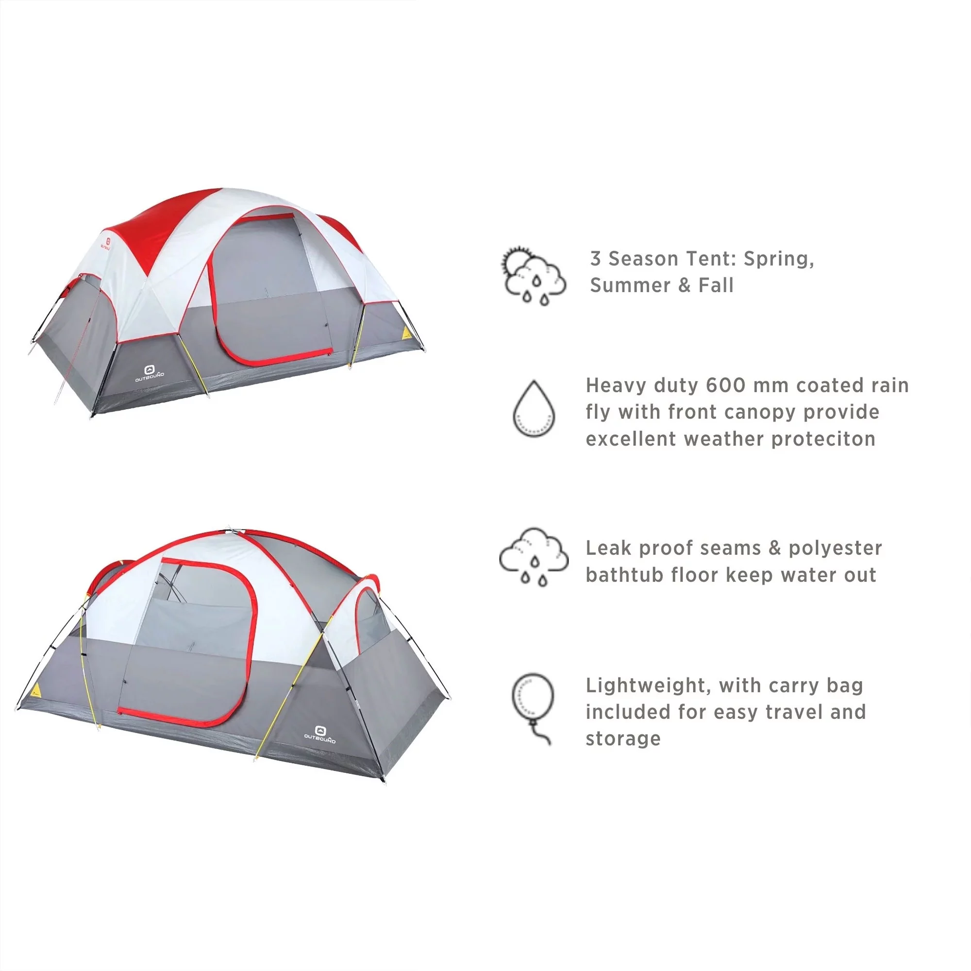 Outbound 8 Person 3 Season Easy Up Dome Tent with Room Divider and Rainfly, Red - Womvr