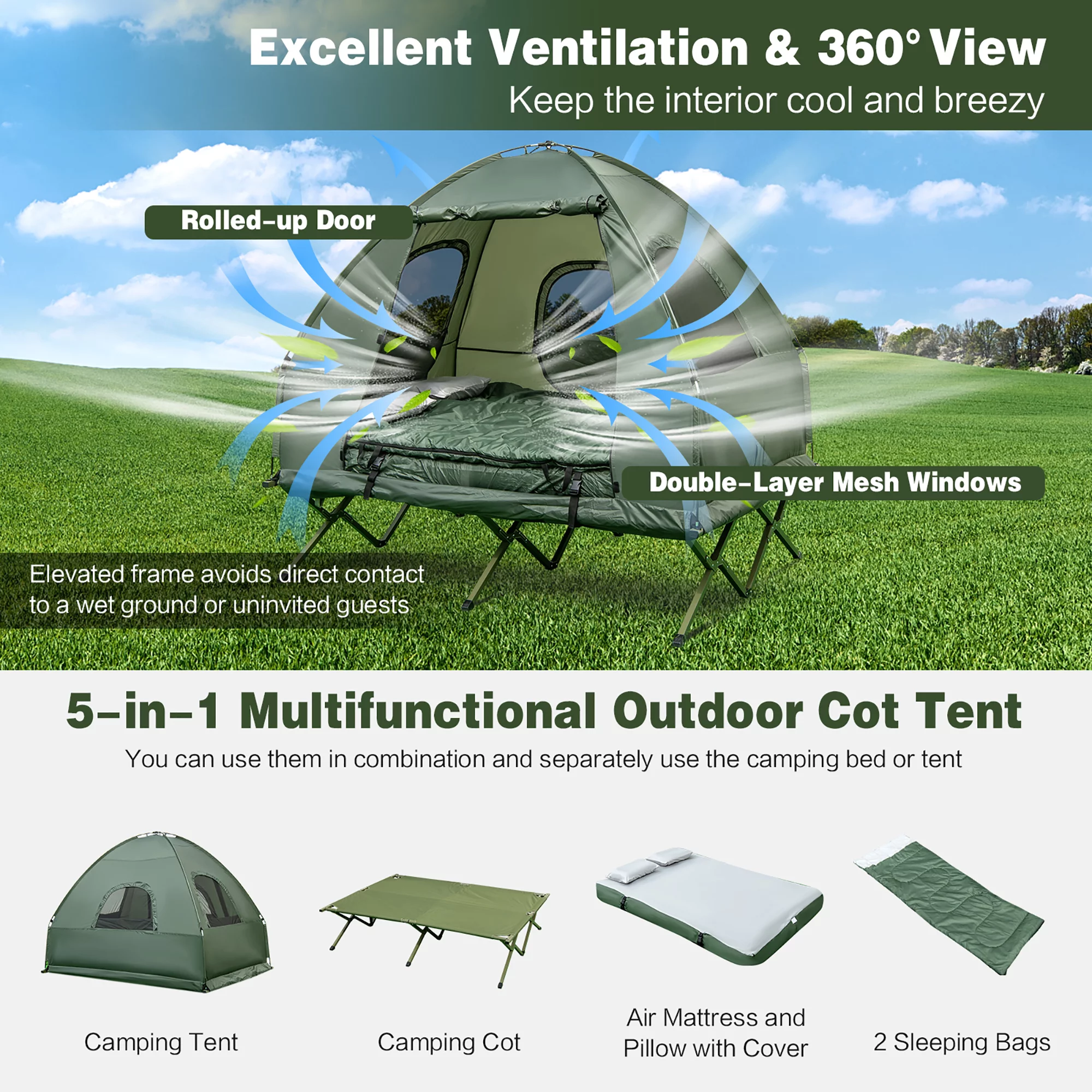 Gymax 2-Person Compact Portable Pop-Up Tent/Camping Cot w/ Air Mattress & Sleeping Bag - Womvr