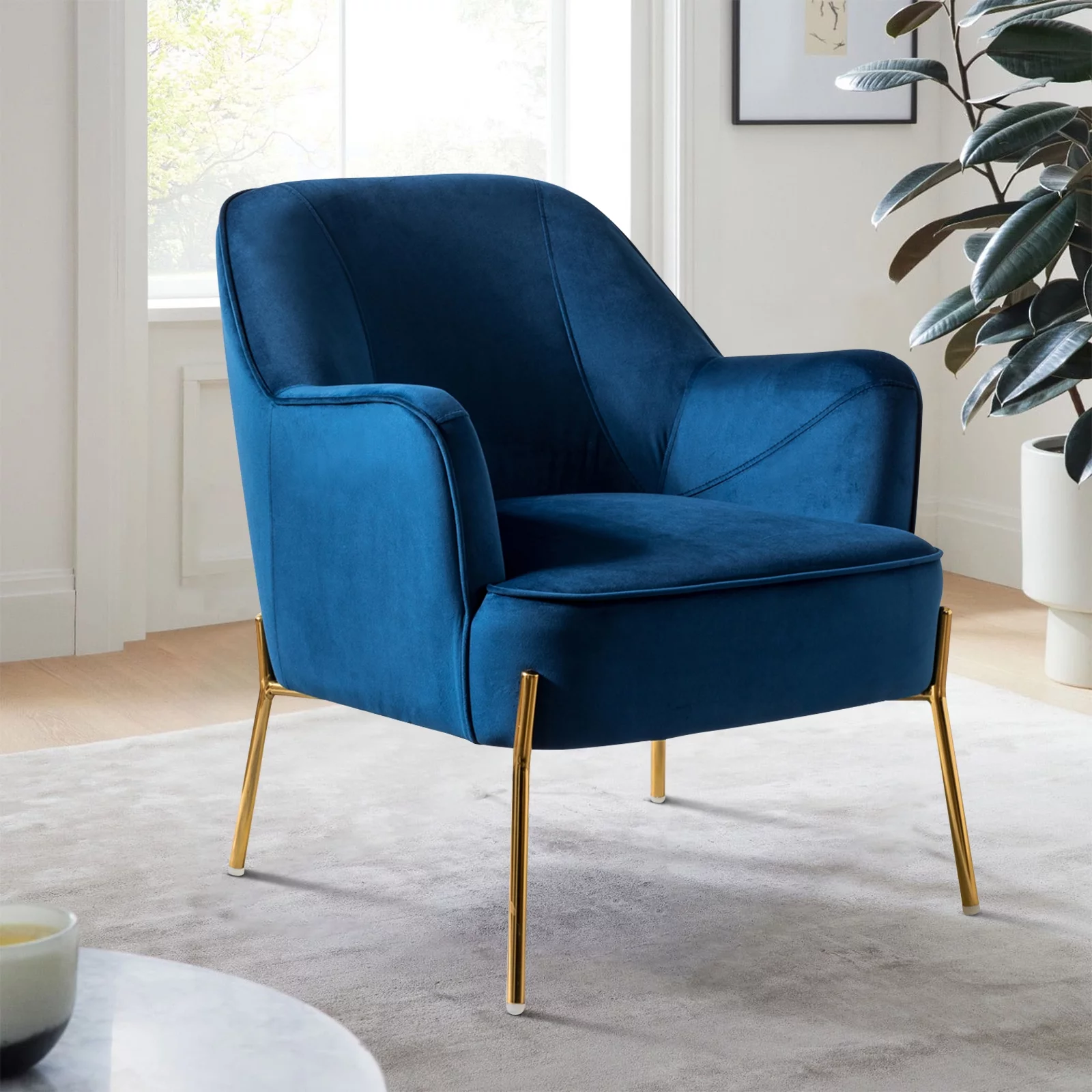 Velvet Upholstered Accent Chair Metal Legs Curved Backrest Lounge Home Armchair Bedroom Adult Pink - Womvr