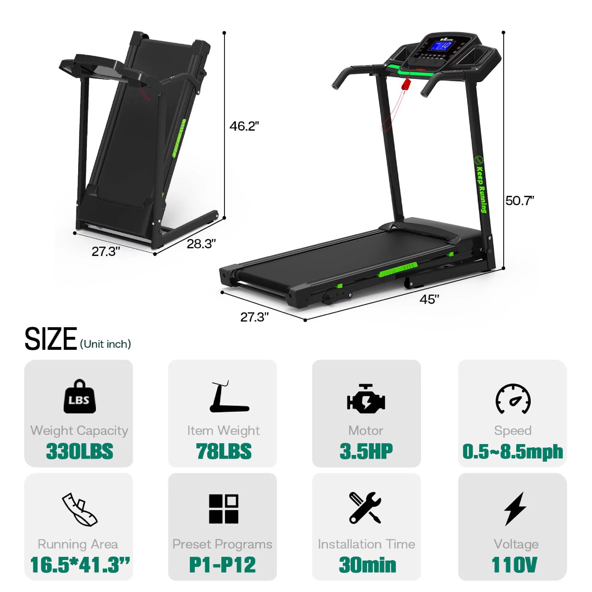 Aukfa 3.5 HP Folding Treadmill with Incline for Home Office Workout, 300 lbs+ Capacity, Green - Womvr