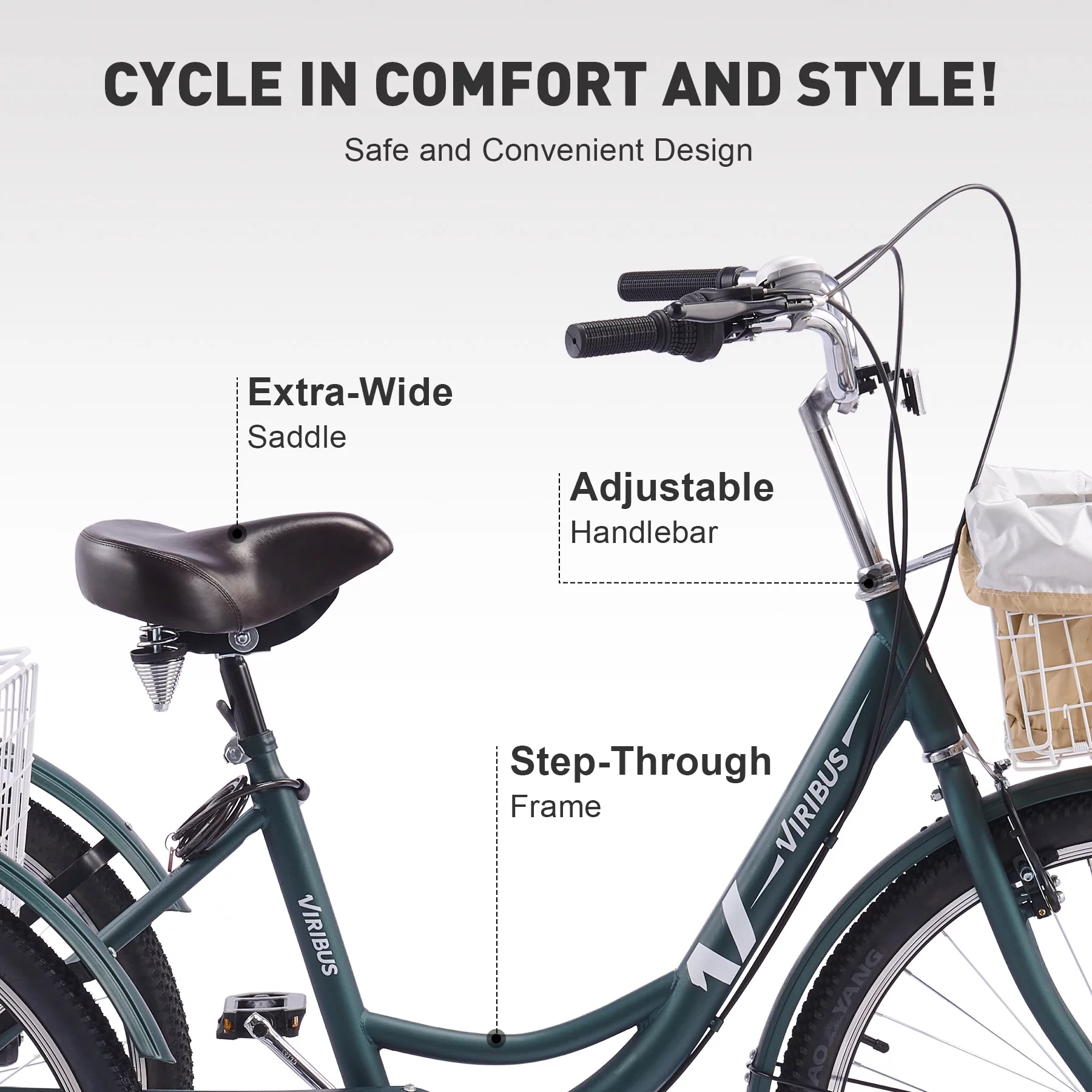 VIRIBUS 24 Inch Adult Trike 7 Speed Bike w Adjustable Seat 2 Baskets Matte Gray - Womvr