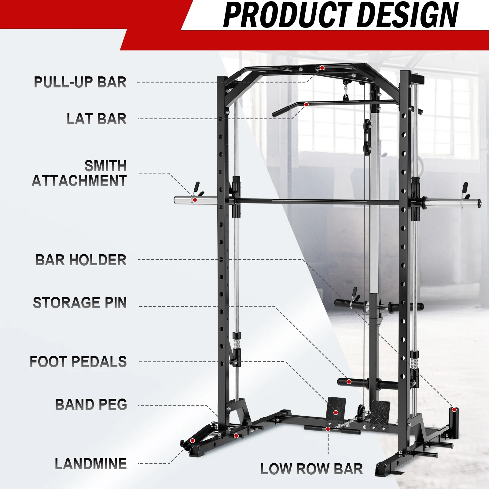 Mikolo Smith Machine Home Gym, Multi-Functional Squat Rack with Lat Pull Down System, Workout station with Weight Bar, Bend Peg and Other Functional Attachments - Womvr