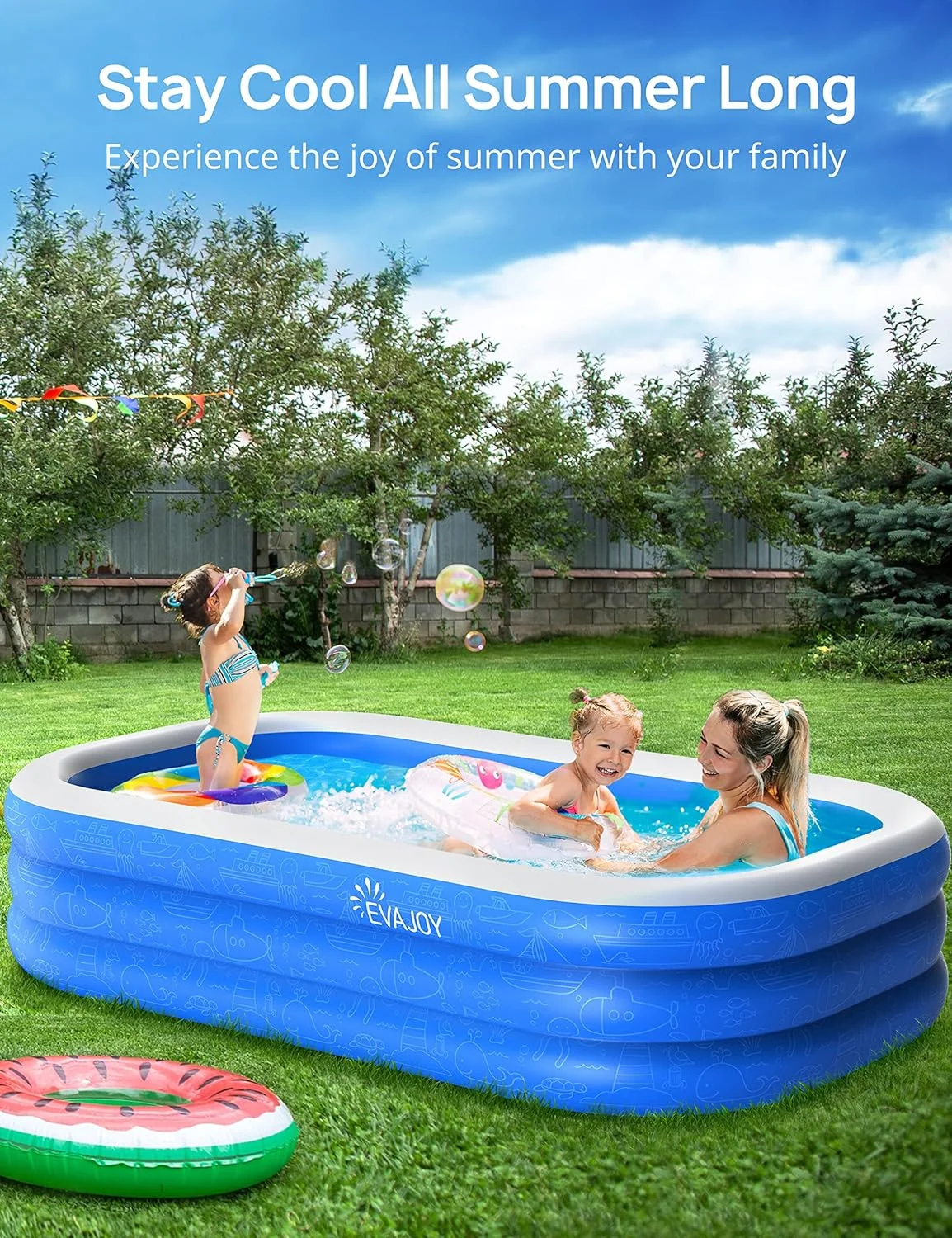 Sable Inflatable Pool, 95 x 75 x 40in Rectangular Swimming Pool for Toddlers, Kids, Family, Above Ground, Backyard, Outdoor - Womvr