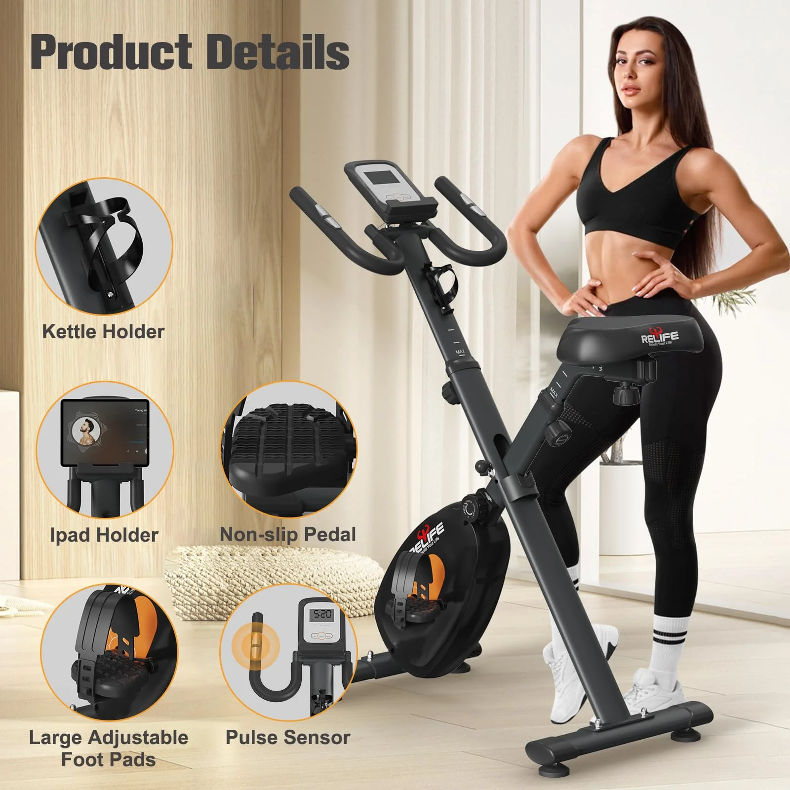 Relife Sports Upright  Exercise Bike with Fitness APP Foldable Stationary Bike for Home Gym , Black - Womvr