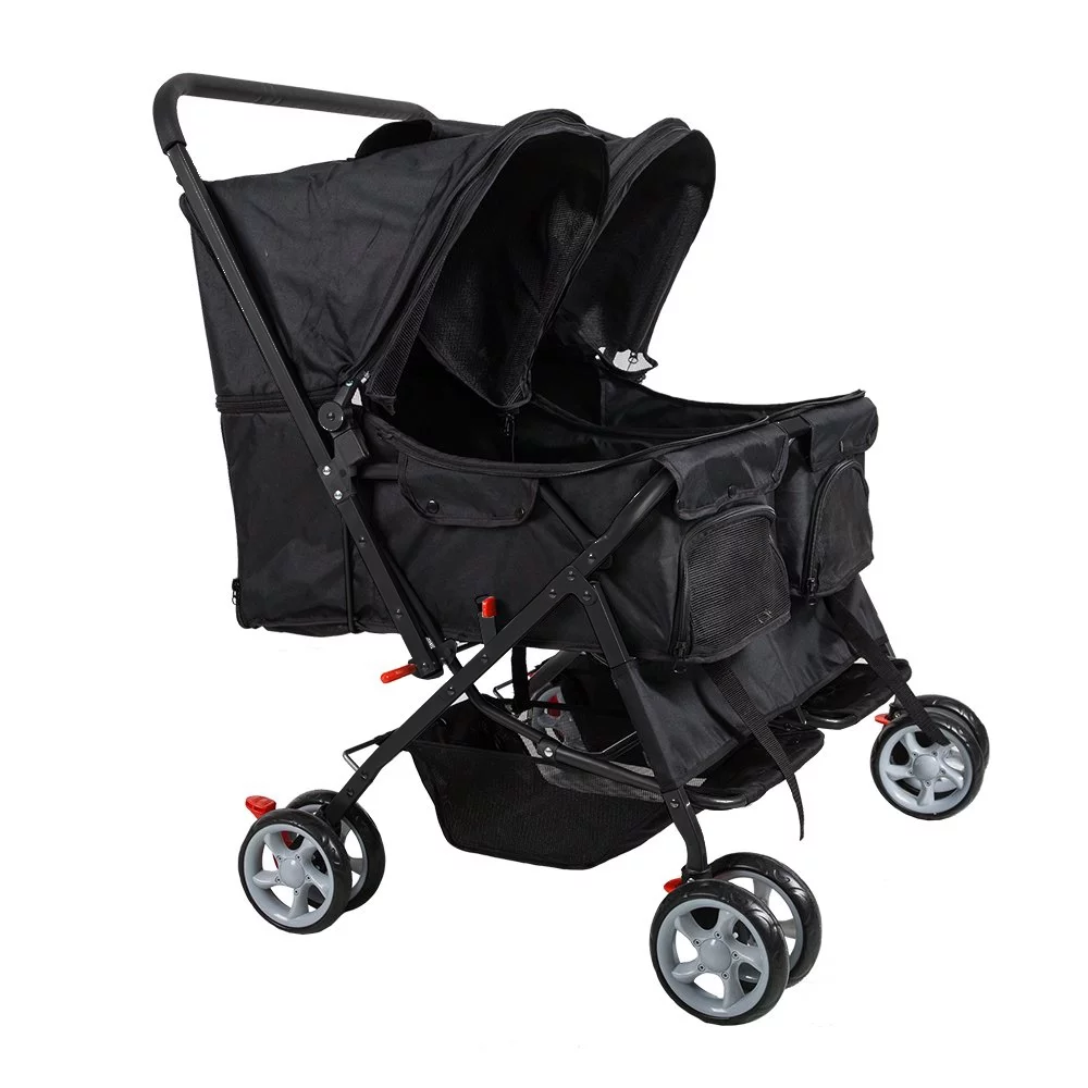 Karmas Product Double Pet Stroller Foldable Doggy Stroller Two-Seater Carrier Strolling Cart for Dog Cat, Blue - Womvr
