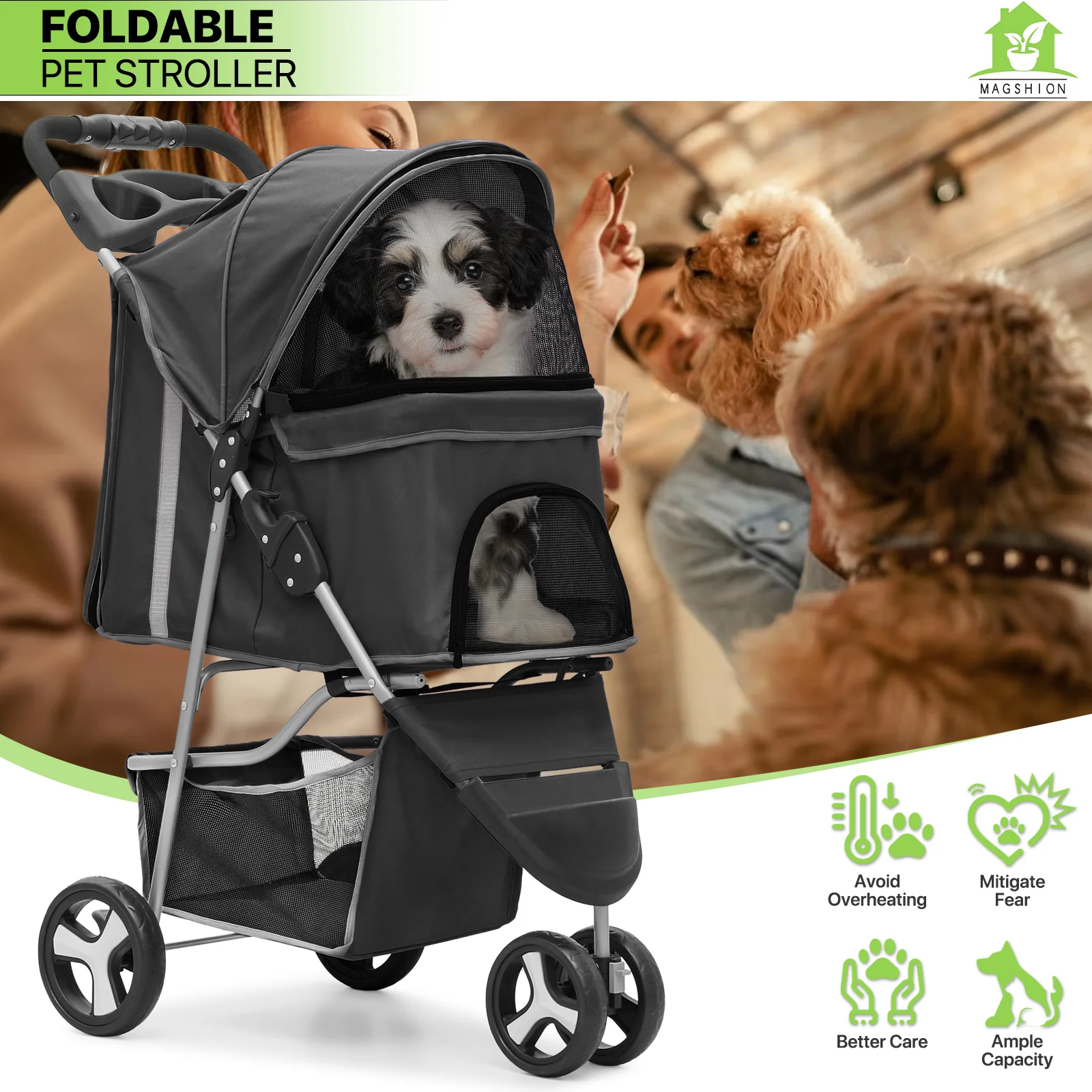 Magshion Foldable Pet Dog Stroller with Wheels, Cat Dog Stroller with Storage Basket and Cup Holder for Small and Medium Cats, Dogs, Puppy, Navy Blue - Womvr