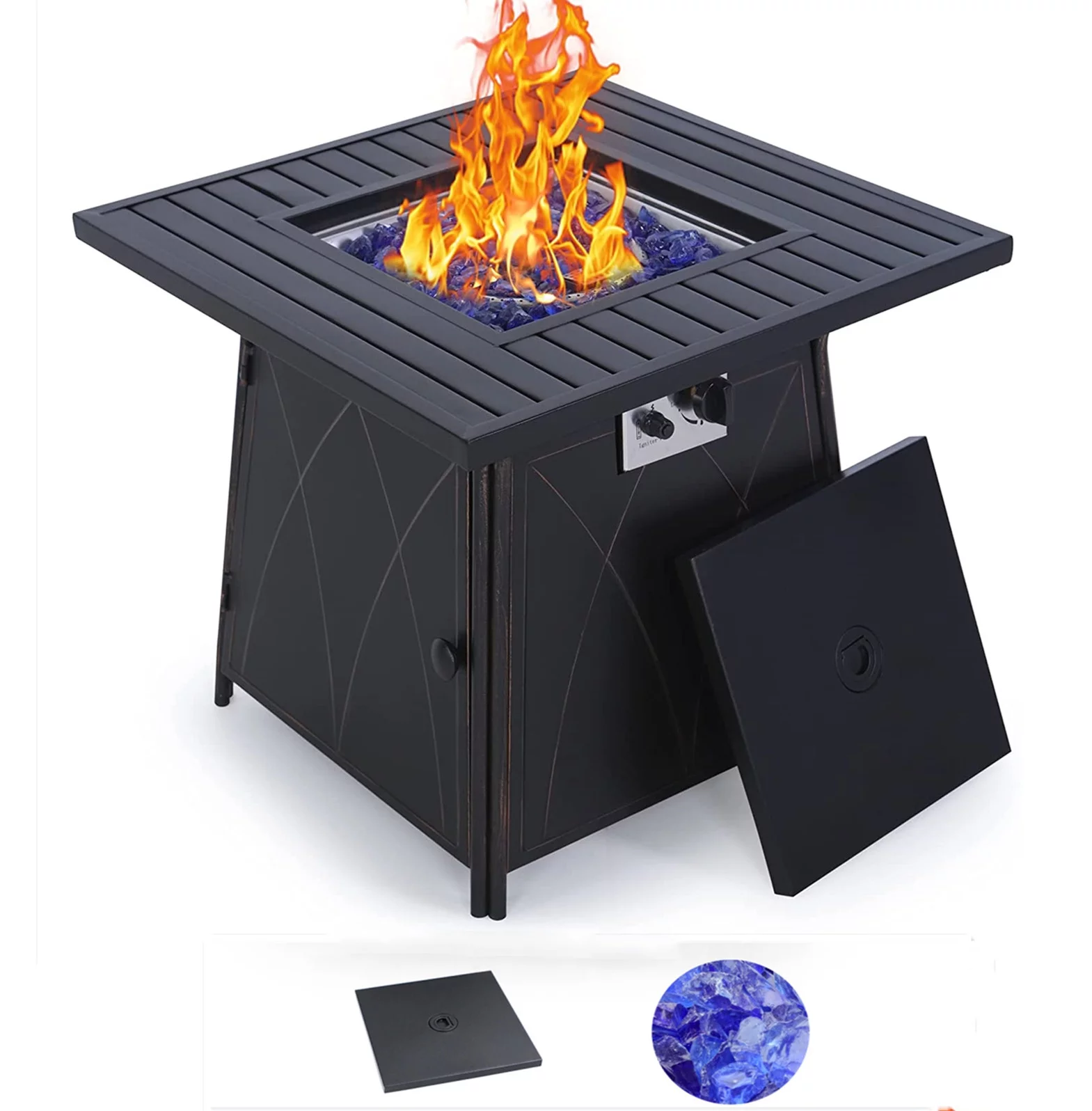 MF Studio 28'' Gas Fire Pit Table with 50,000 BTU Heat Output & Blue Fire Glass, Black - Womvr