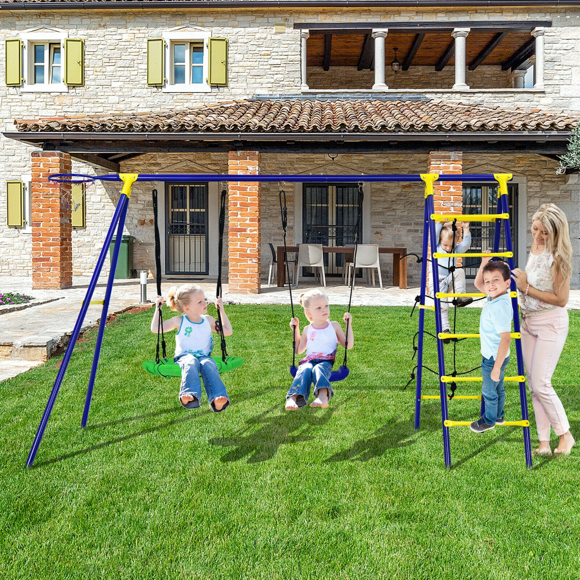 Gymax 5-In-1 Kids Swing Set for Outdoor W/ Heavy Duty Frame Basketball Hoop & Climbing Ladder - Womvr