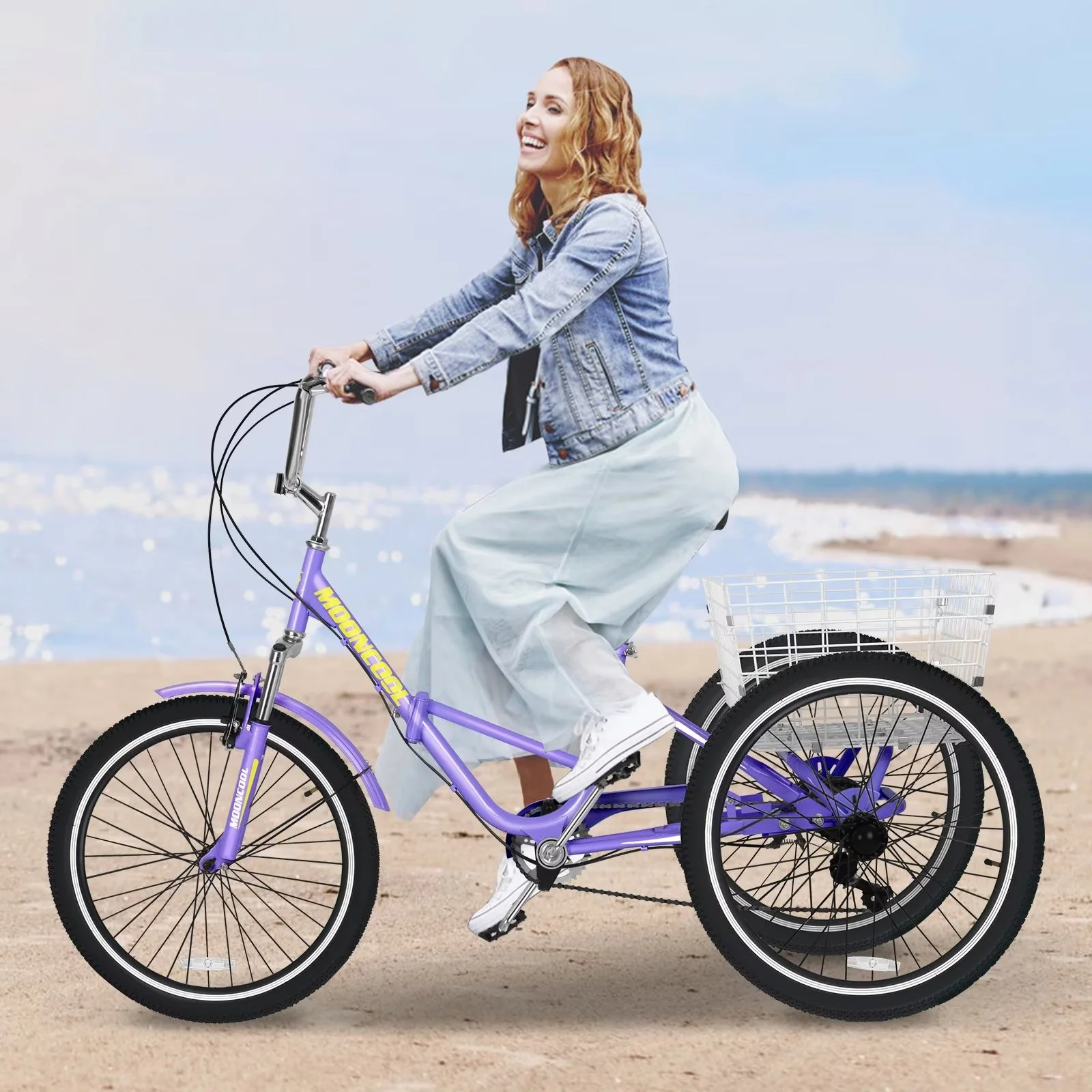 MOPHOTO 20/24/26 inch Adult Tricycle Folding 3 Wheel Cruiser Bikes 7 Speed, Portable and Foldable Trikes with Cargo Basket for Men & Women Outdoor Cycling, Purple - Womvr
