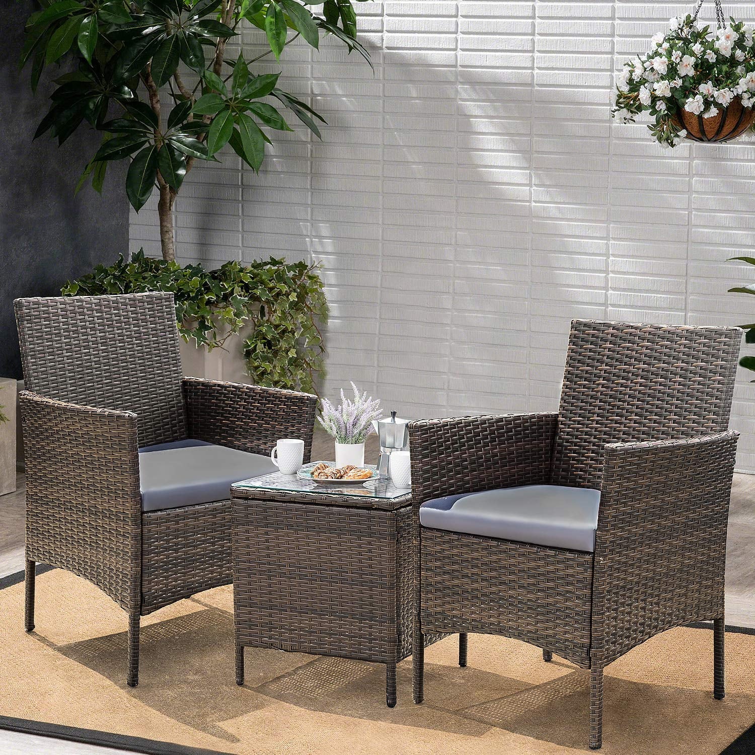 Lacoo 3 Pieces Outdoor Patio Furniture PE Rattan Wicker Table and Chairs Set Bar Set with Cushioned Tempered Glass, Brown/Beige, 2 - Womvr