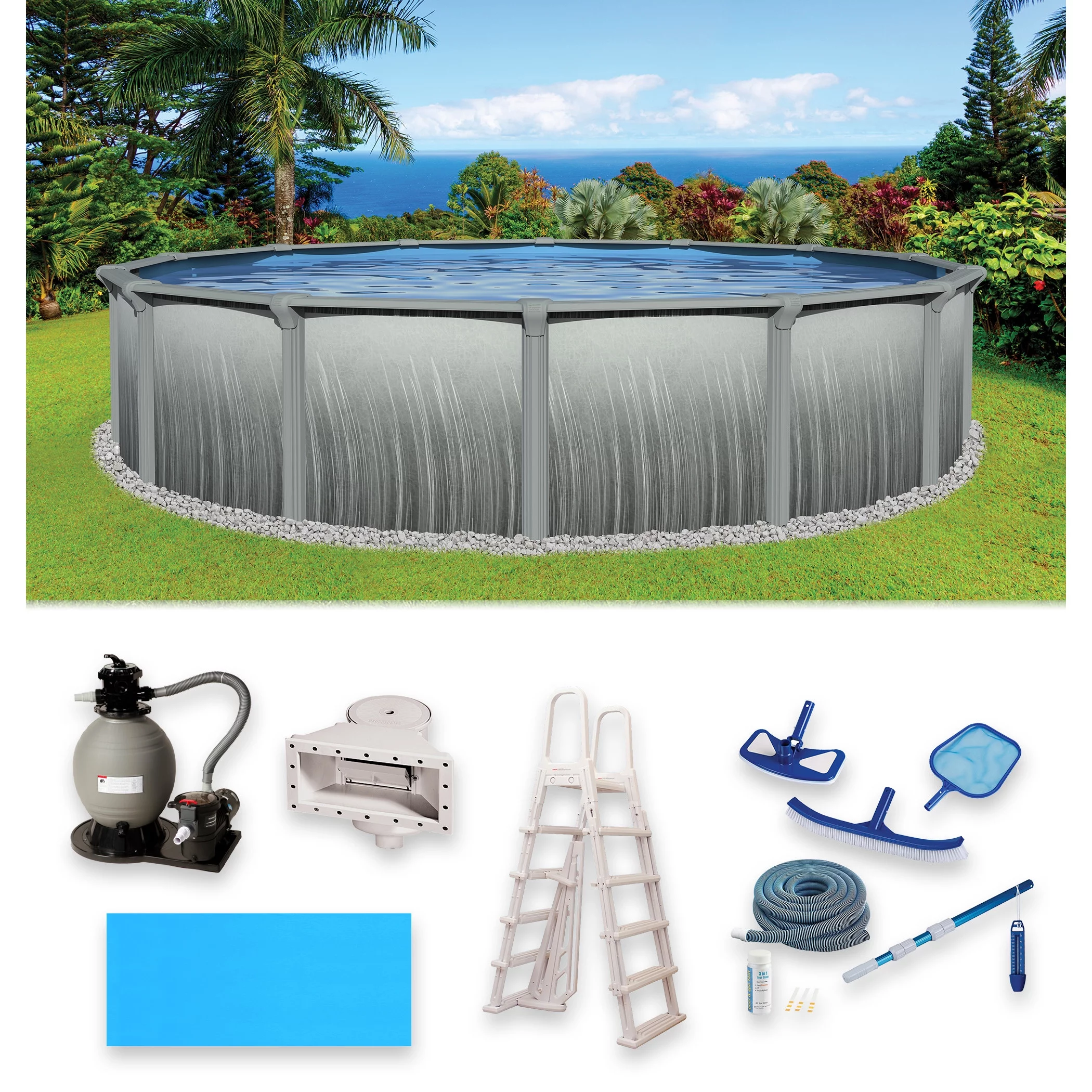 Blue Wave Martinique 15-ft Round 52-in Deep 7-in Top Rail Metal Wall Swimming Pool Package - Womvr