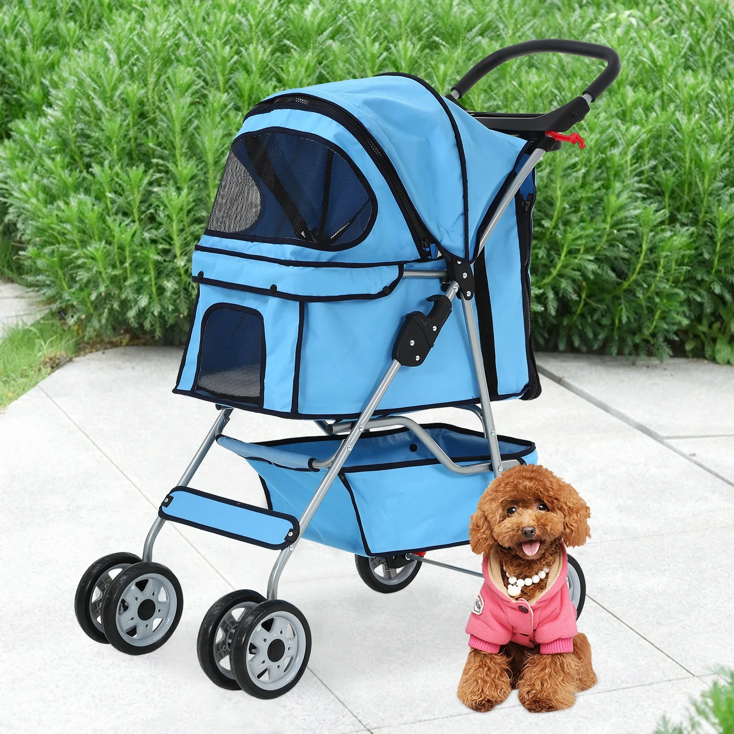 4 Wheels Pet Stroller Foldable Dog Stroller Cat Stroller with Storage Basket & Removable Liner, Travel Lite Foldable Carrier Strolling Cart for Dogs Cats, Black - Womvr