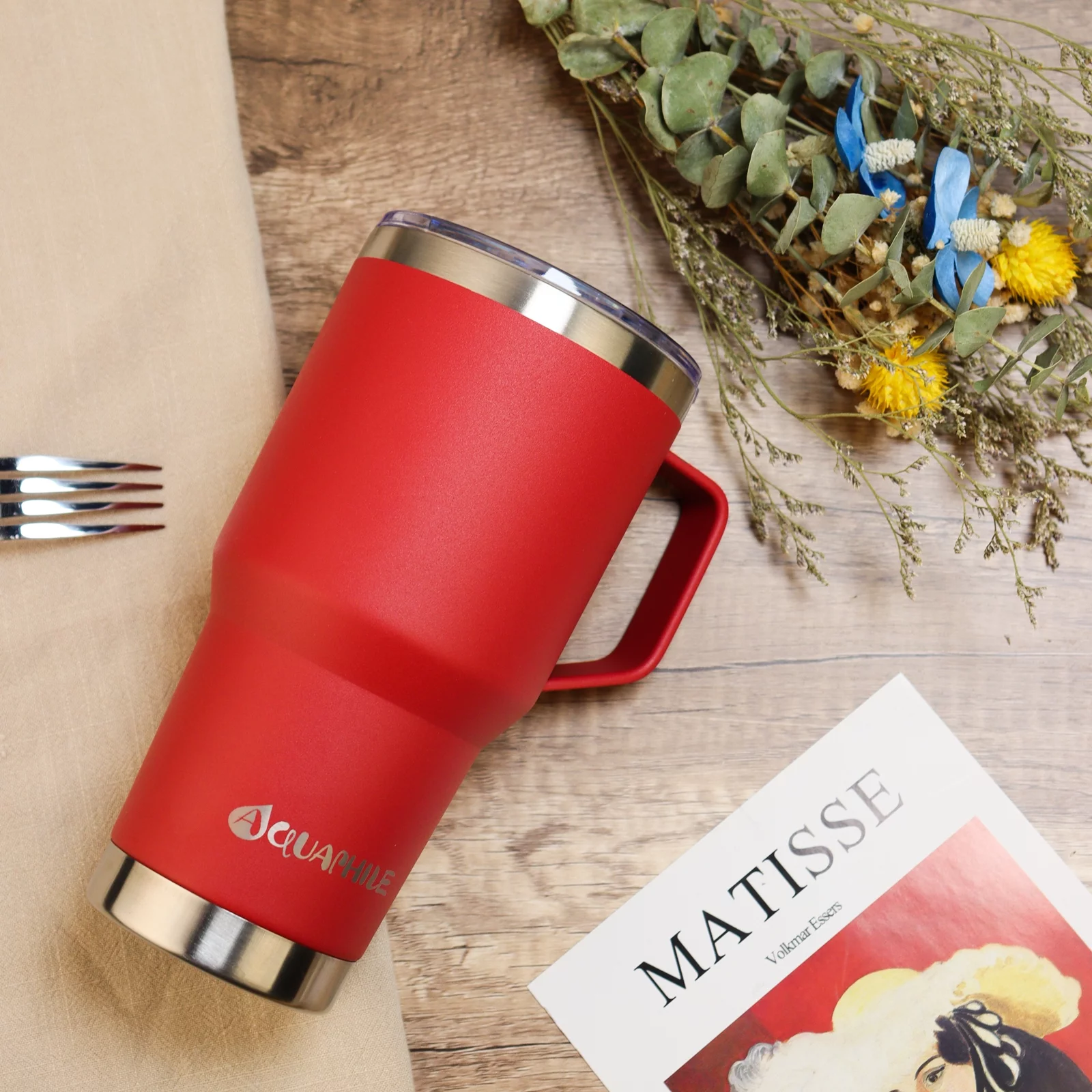 AQUAPHILE 30oz Stainless Steel Insulated Coffee Mug with Handle, Double Walled Vacuum Travel Cup with Lid & Straw, Reusable Thermal Coffee Cup, Portable Coffee Tumbler,Light Blue - Womvr